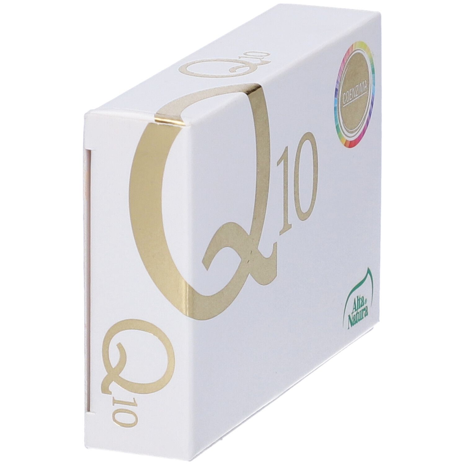 Scatola bianca, scritta dorata "Q10", logo "Coenzima". Marchio: Alta Natura. Vista prospettica.