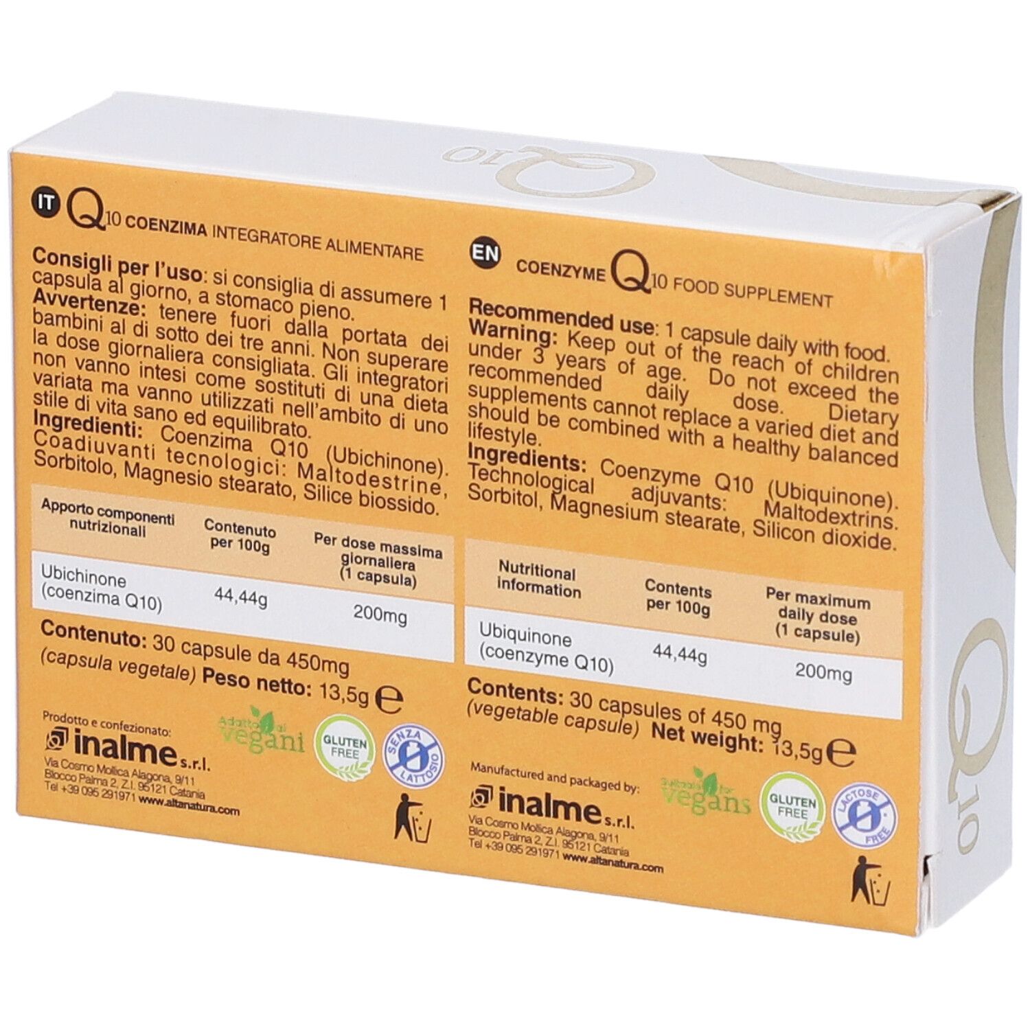 Scatola aperta con testo. Contiene informazioni su ingredienti e uso. Marchio: Alta Natura.