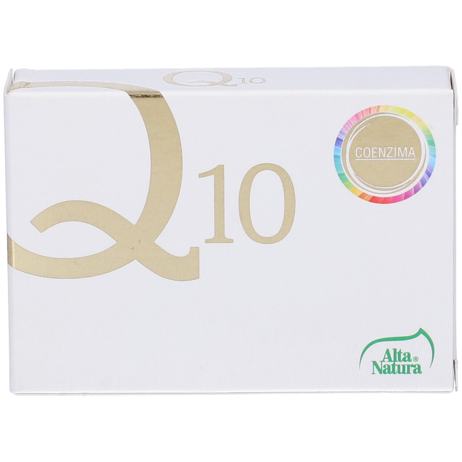 Scatola bianca con scritta dorata "Q10" e logo "Coenzima". Marchio: Alta Natura.