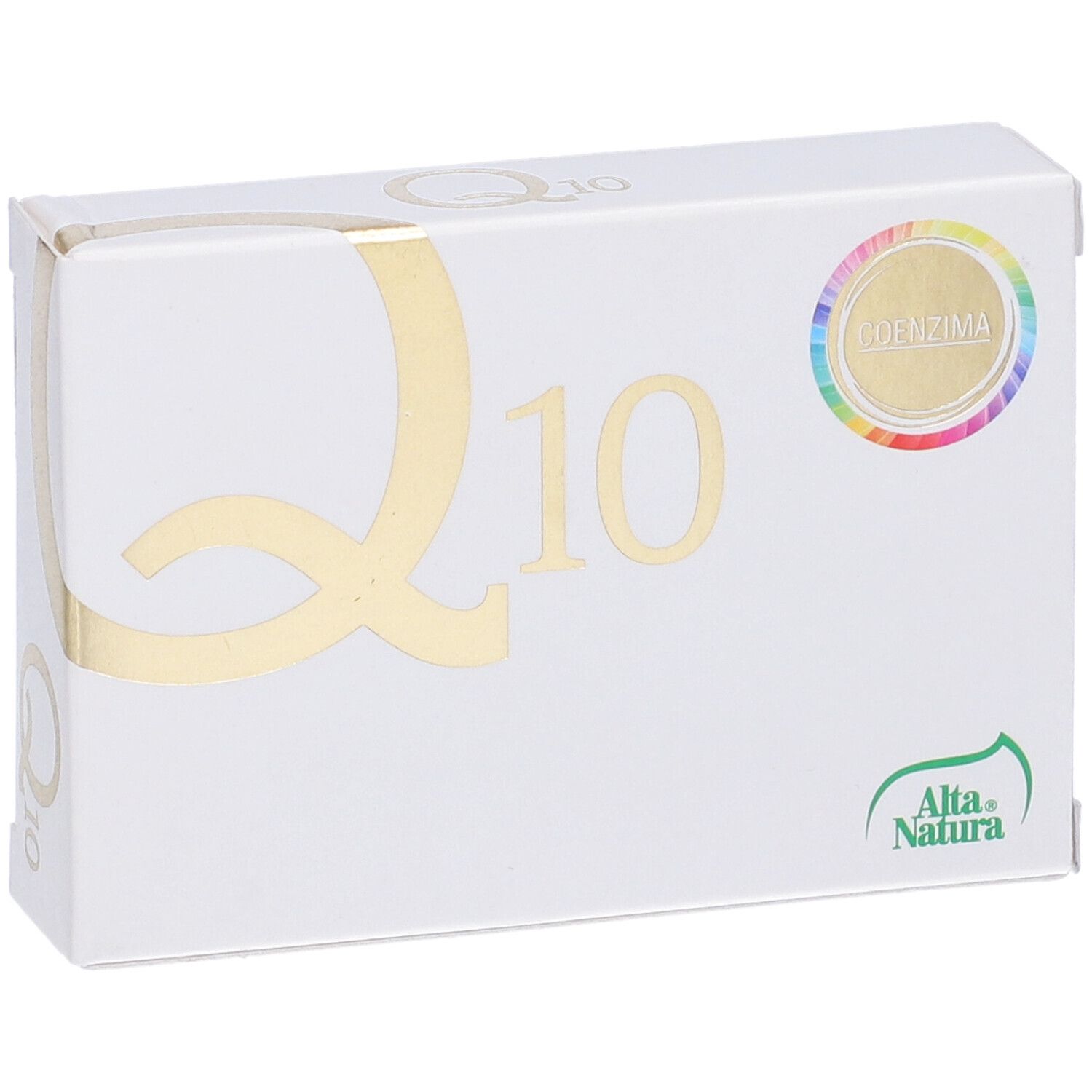 Scatola bianca con scritta dorata "Q10" e logo "Coenzima". Marchio: Alta Natura.