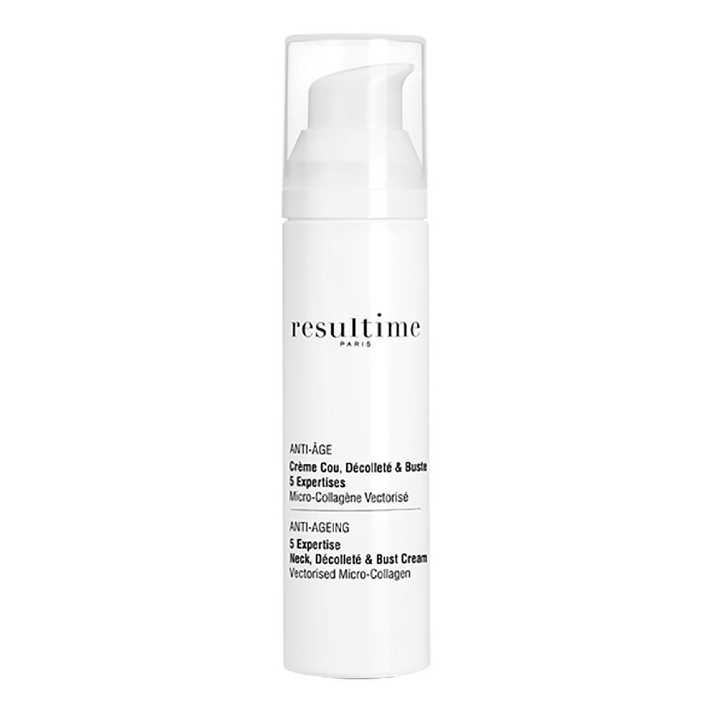 Weiße Flasche mit Pumpverschluss. Beschriftung: Resultime Paris, Anti-Age, Crème Cou, Décolleté & Buste, 5 Expertisen.