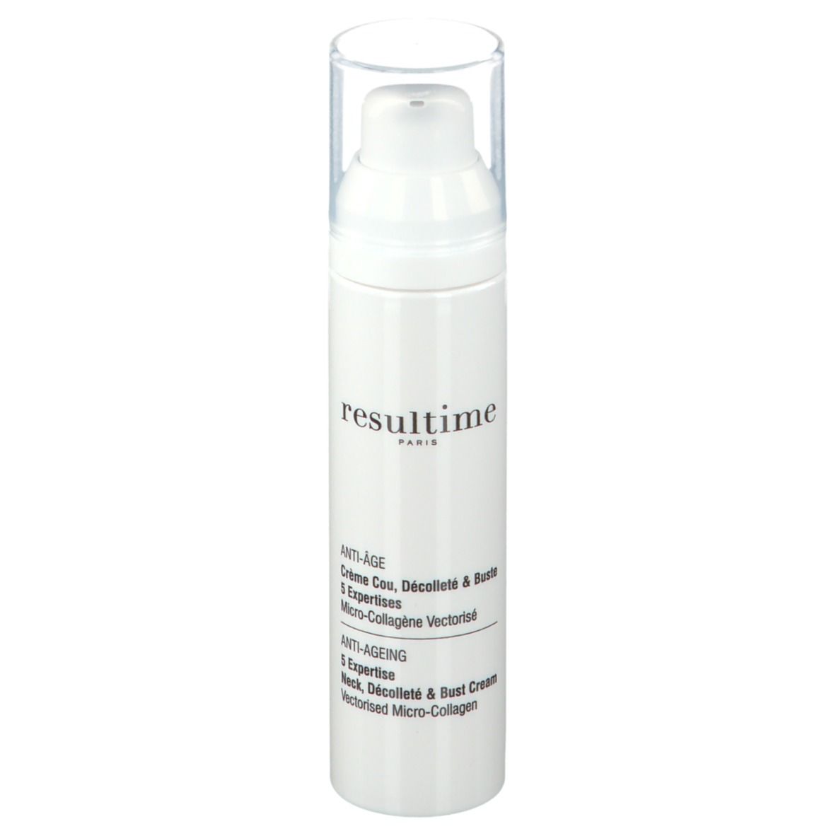 Weiße Flasche mit Pumpverschluss. Beschriftung: Resultime Paris, Anti-Age, Crème Cou, Décolleté & Buste, 5 Expertisen.