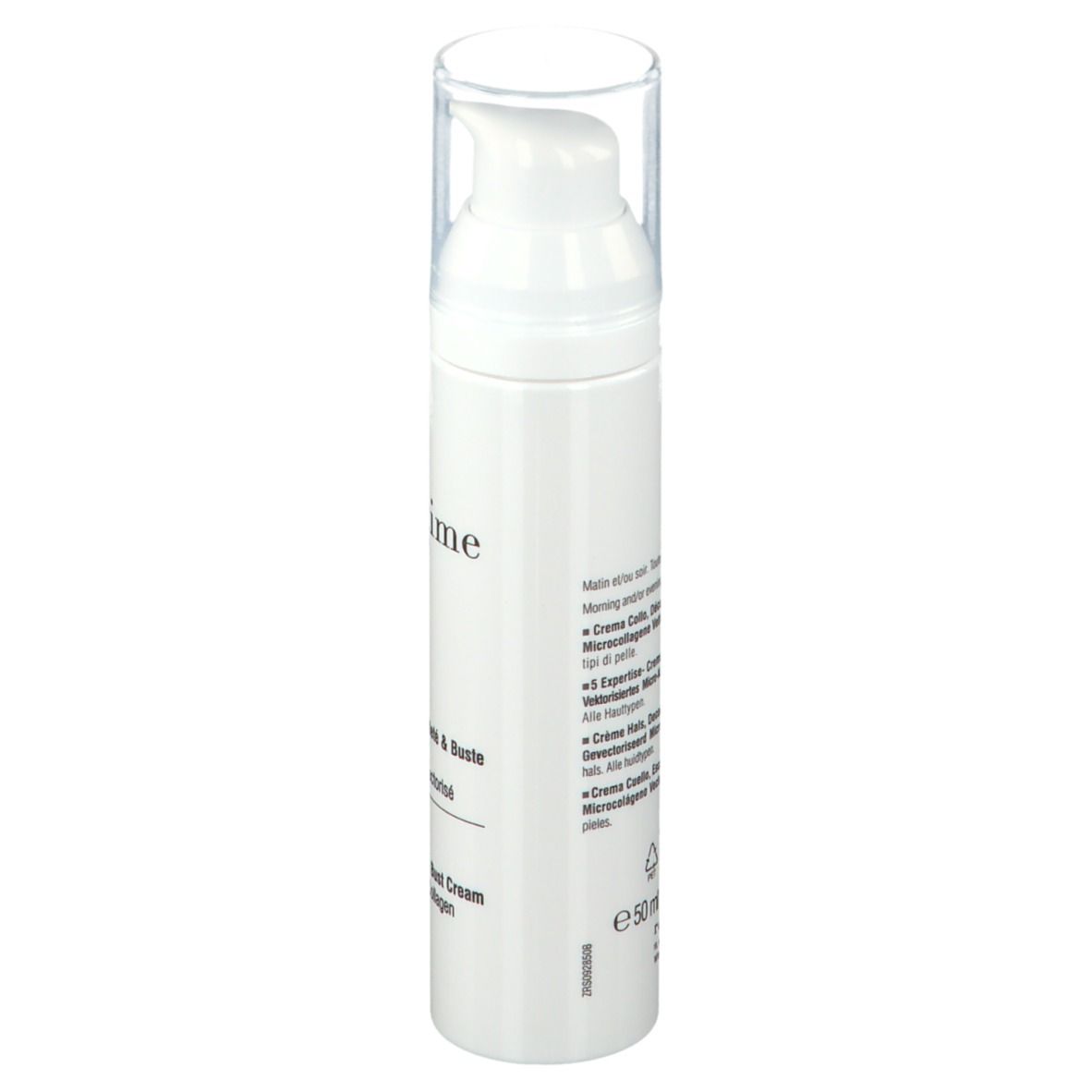 Weiße Flasche mit Pumpverschluss. Beschriftung: Resultime Paris, Anti-Age, Crème Cou, Décolleté & Buste, 5 Expertisen.
