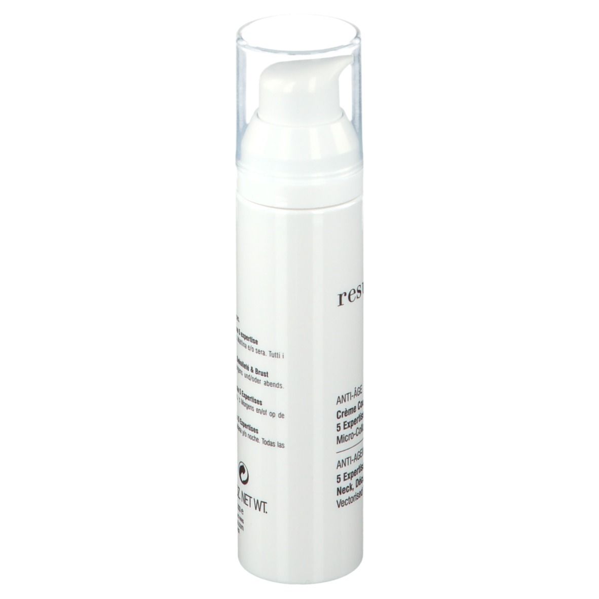 Weiße Flasche mit Pumpverschluss. Beschriftung: Resultime Paris, Anti-Age, Crème Cou, Décolleté & Buste, 5 Expertisen.