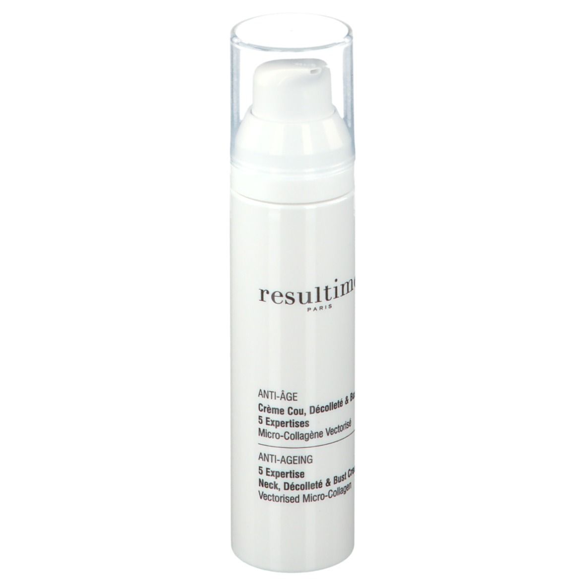 Weiße Flasche mit Pumpverschluss. Beschriftung: Resultime Paris, Anti-Age, Crème Cou, Décolleté & Buste, 5 Expertisen.