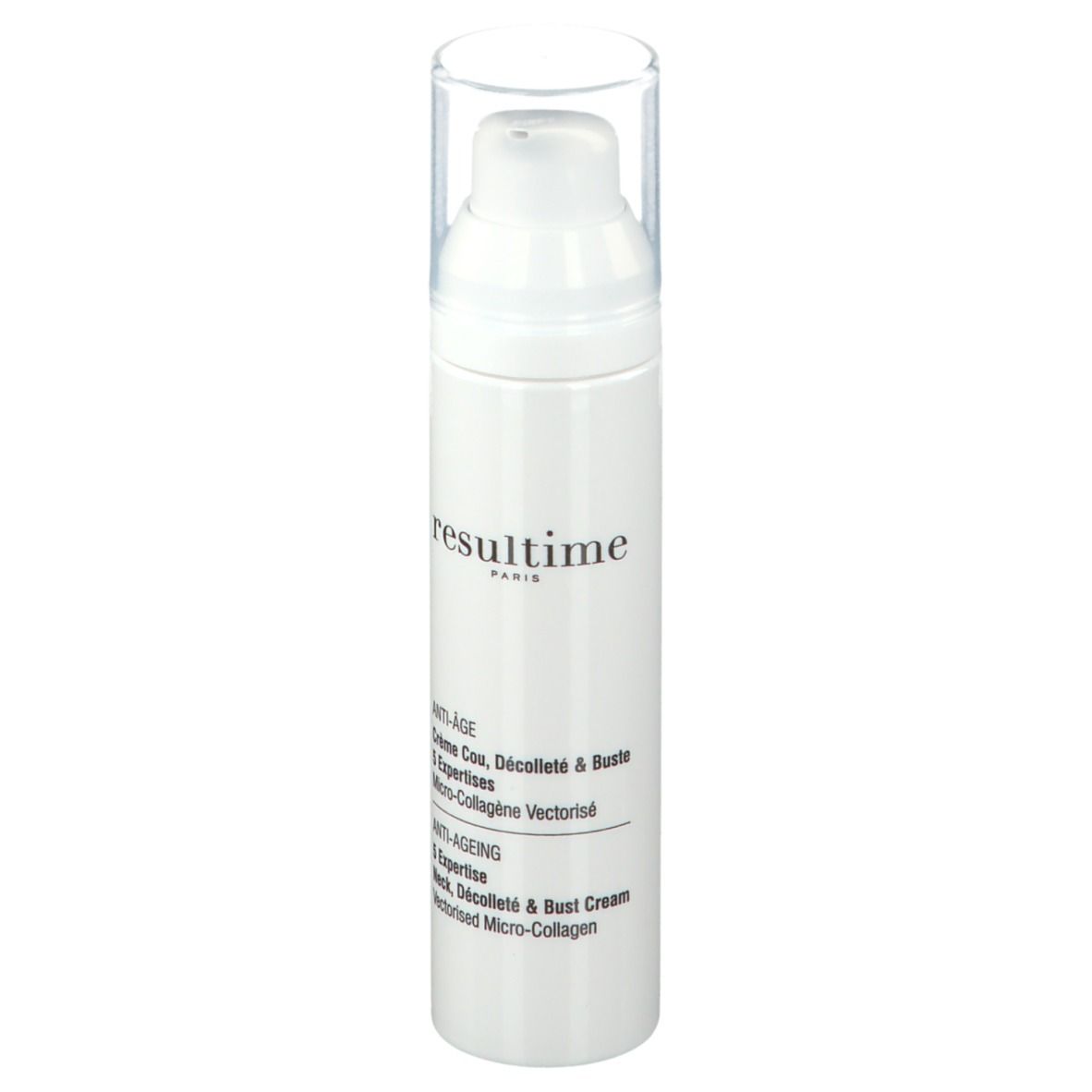 Weiße Flasche mit Pumpverschluss. Beschriftung: Resultime Paris, Anti-Age, Crème Cou, Décolleté & Buste, 5 Expertisen.
