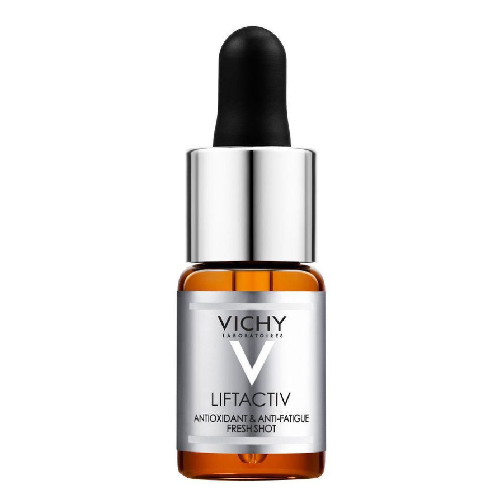 Braune Glasflasche mit schwarzem Tropfer. Silberner Verschluss. Aufschrift: VICHY, LIFTACTIV, Antioxidant & Anti-Fatigue Fresh Shot.