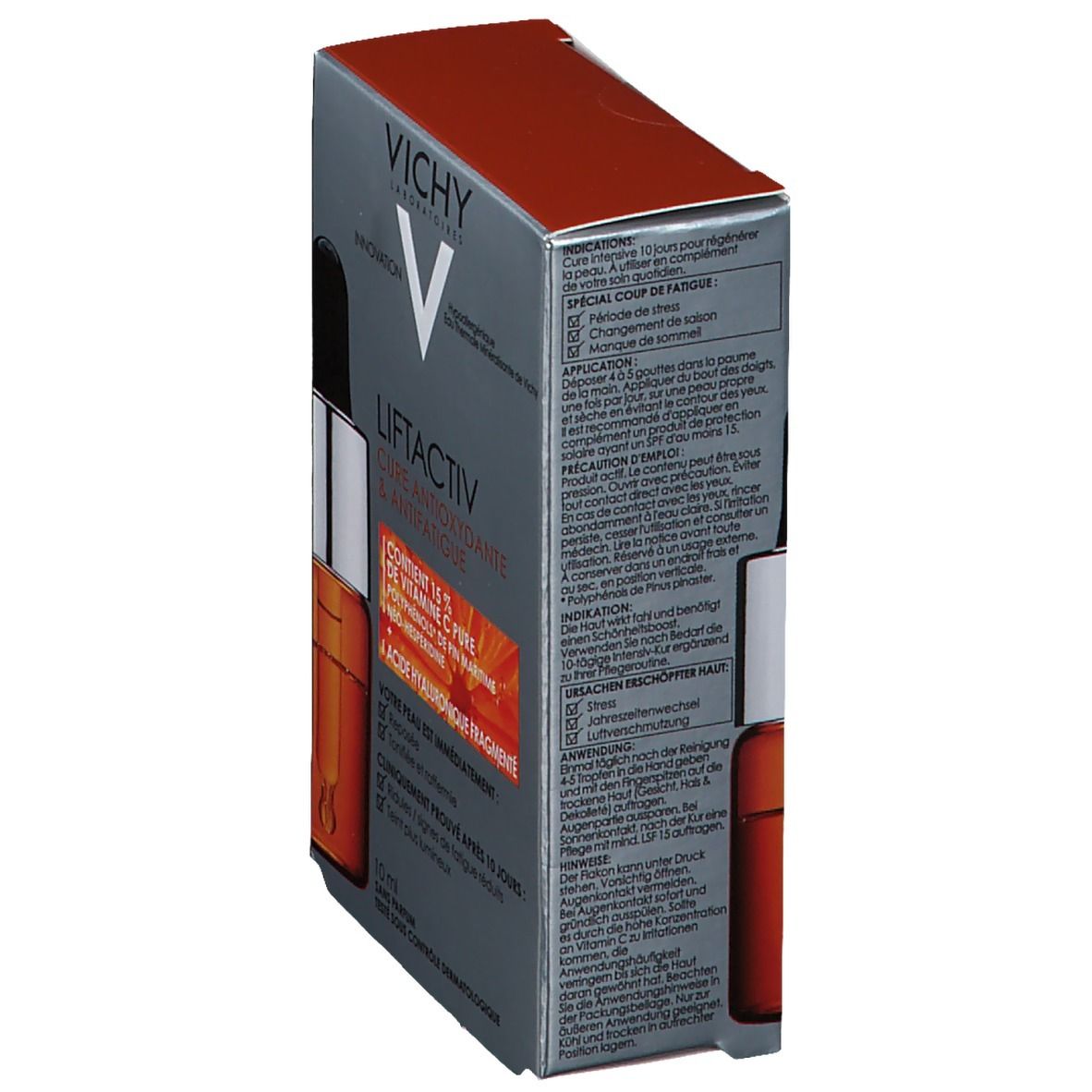 Verpackung, Seitenansicht. Aufschrift: VICHY, LIFTACTIV, Cure Antioxydante & Anti-Fatigue. Inhaltsstoffe, Anwendungshinweise.