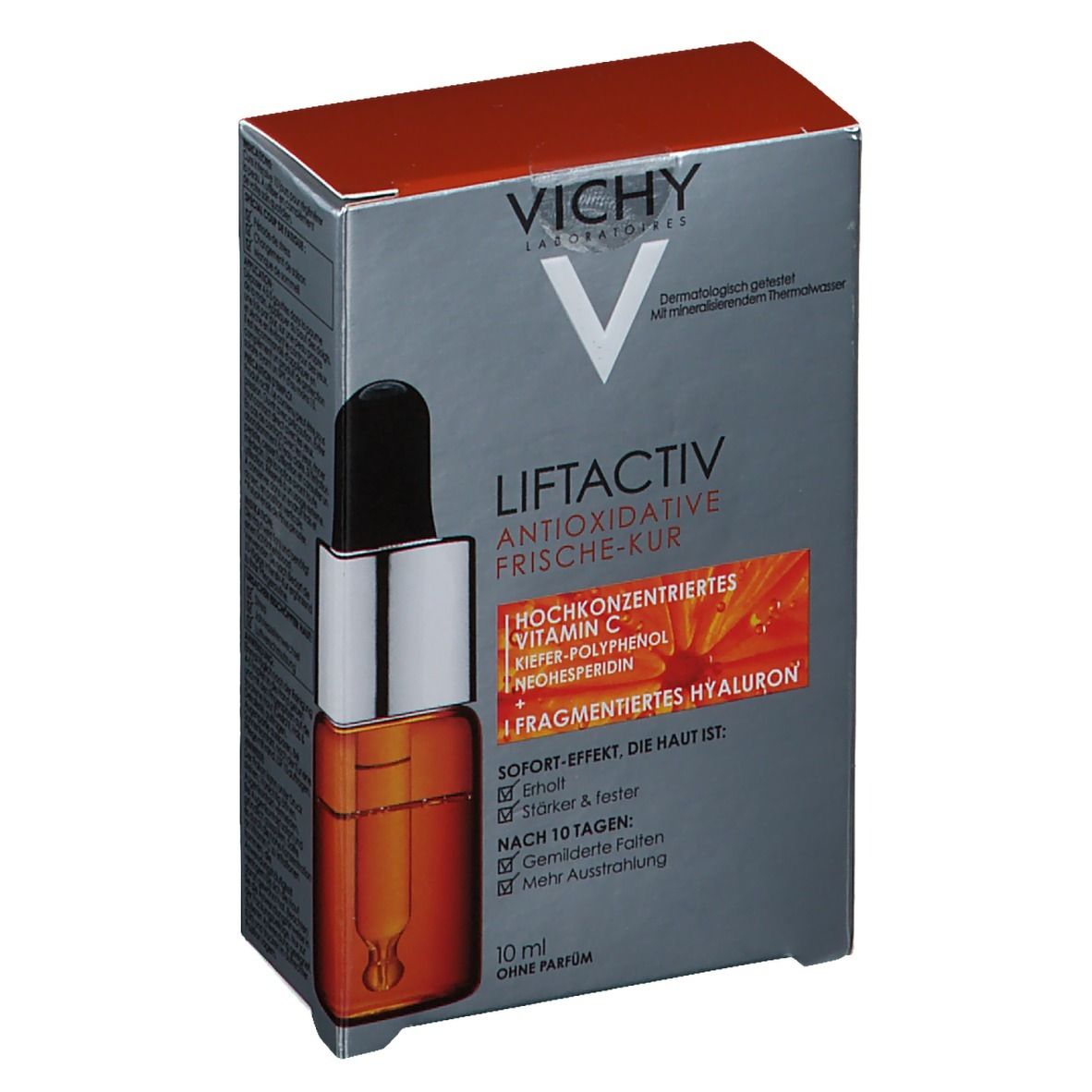 Verpackung. Aufschrift: VICHY, LIFTACTIV, Antioxidative Frische-Kur. Enthält Vitamin C, Hyaluron. 10 ml. Ohne Parfum.