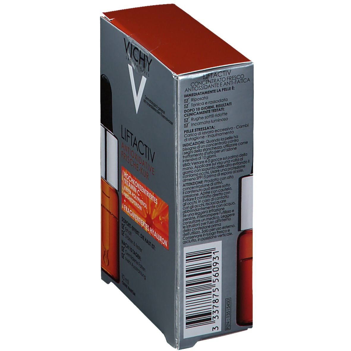 Verpackung, Seitenansicht. Aufschrift: VICHY, LIFTACTIV, Antioxidative Frische-Kur. Inhaltsstoffe, Anwendungshinweise.