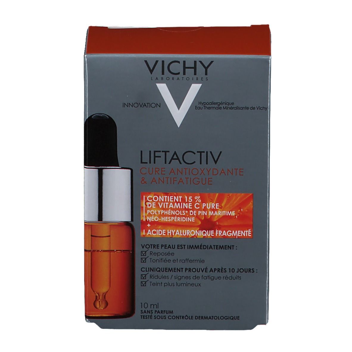 Verpackung mit Flasche. Aufschrift: VICHY, LIFTACTIV, Cure Antioxydante & Anti-Fatigue. Enthält 15% Vitamin C, Hyaluronsäure. 10 ml.