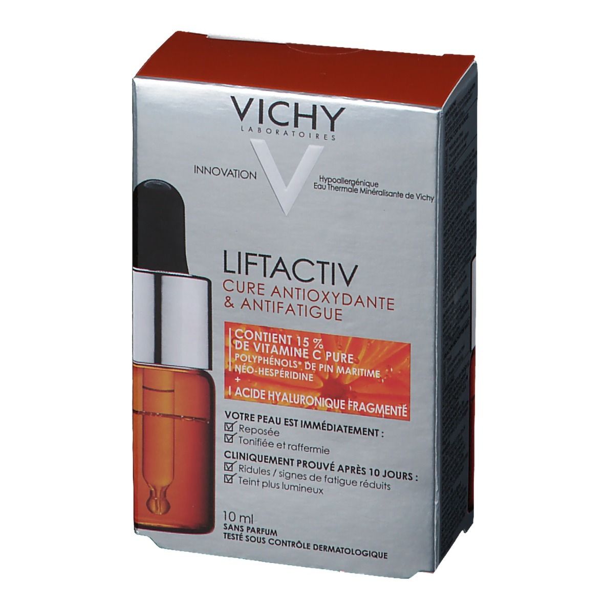 Verpackung mit Flasche. Aufschrift: VICHY, LIFTACTIV, Cure Antioxydante & Anti-Fatigue. Enthält 15% Vitamin C, Hyaluronsäure. 10 ml.