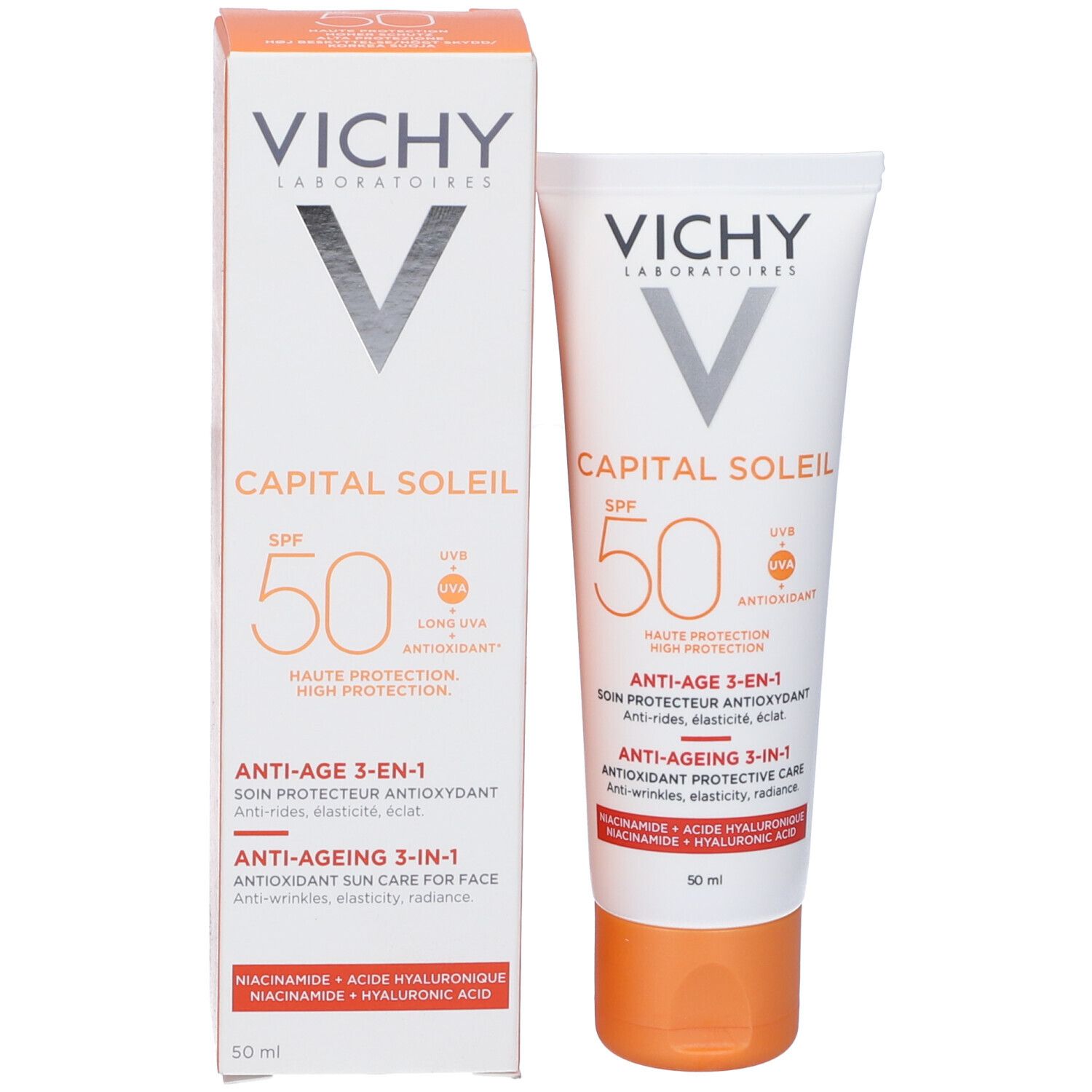 Produktverpackung: Tube und Schachtel. Aufschrift: VICHY, CAPITAL SOLEIL SPF 50, Anti-Age 3-in-1. Mit Hyaluronsäure.