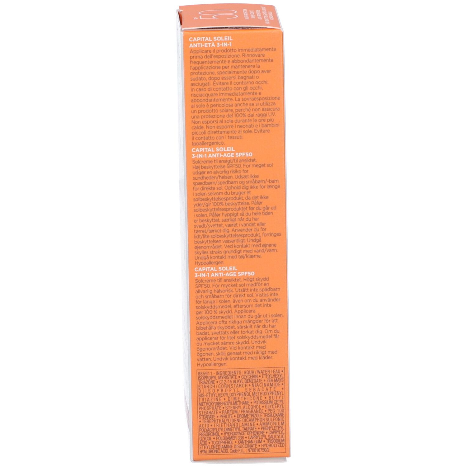 Seitenansicht der Kartonverpackung. Text in mehreren Sprachen. Informationen zur Anwendung und Inhaltsstoffe.