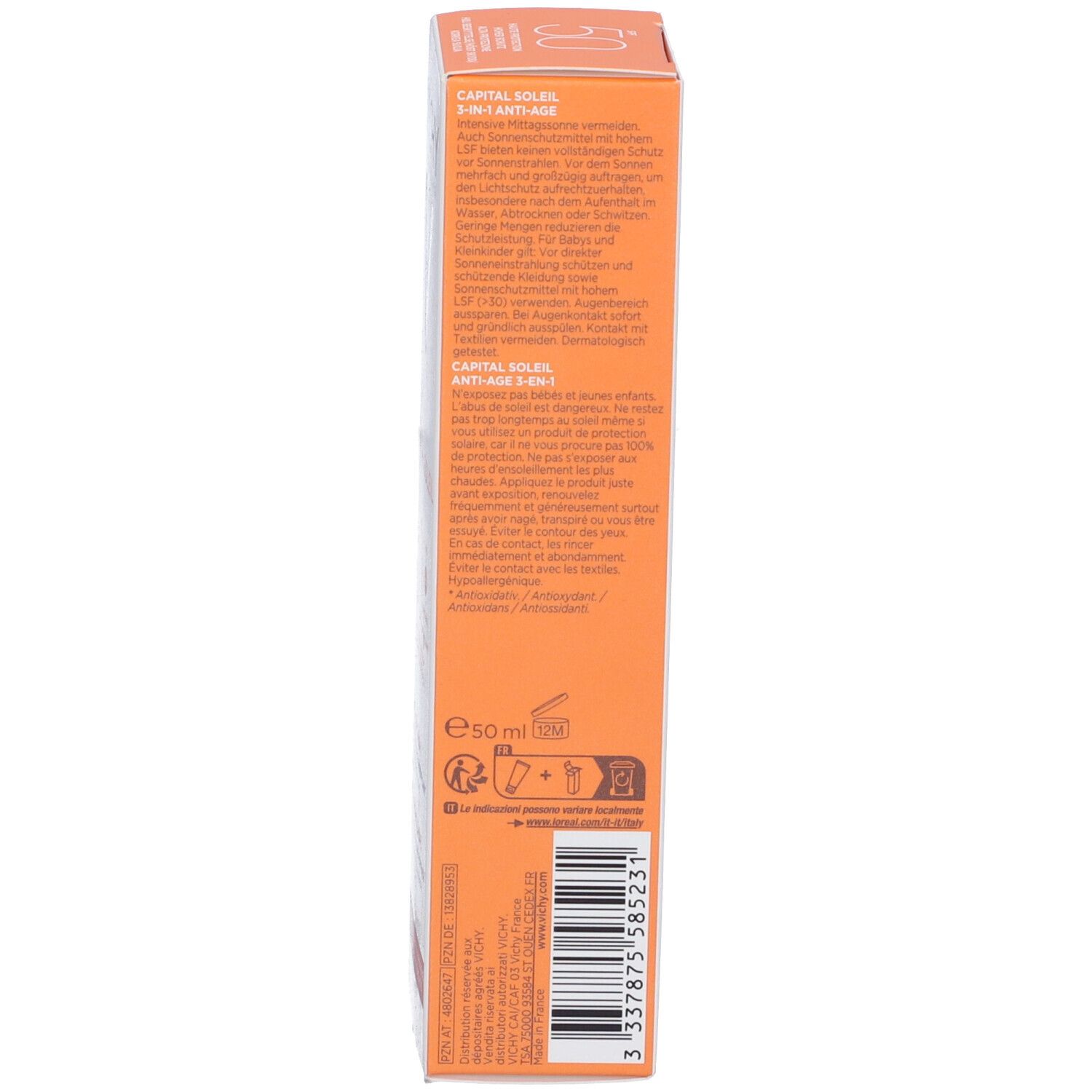 Seitenansicht der Kartonverpackung. Text in mehreren Sprachen. Informationen zur Anwendung und Inhaltsstoffe.