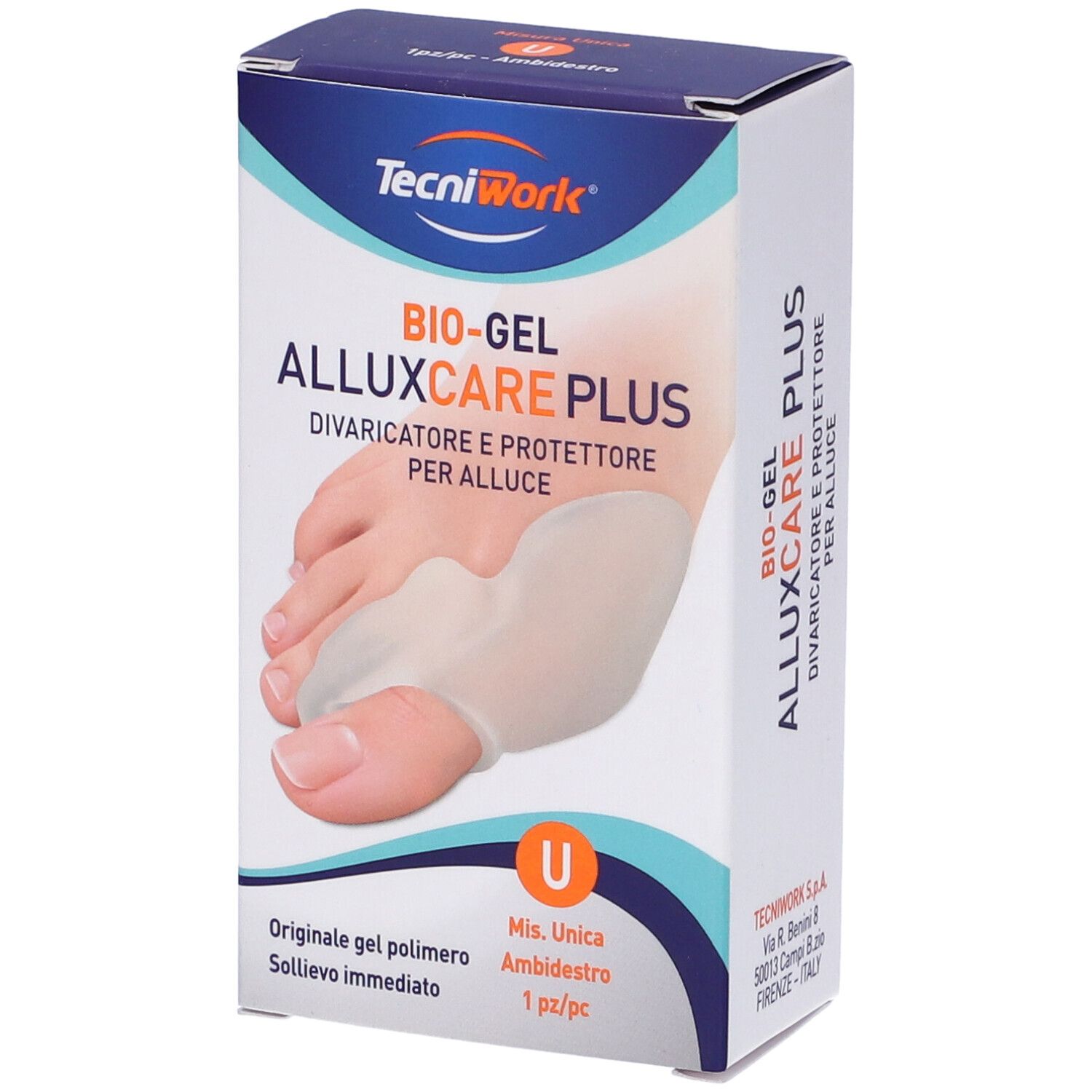 Confezione con immagine del prodotto. Scritta: BIO-GEL ALLUXCARE PLUS, Divaricatore e Protettore per Alluce. Taglia U, 1 pezzo.