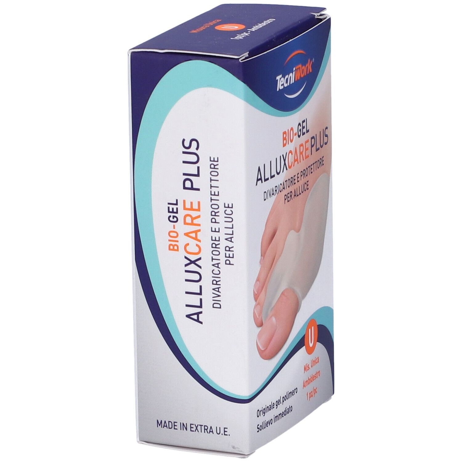 Confezione angolata. Scritta: BIO-GEL ALLUXCARE PLUS, Divaricatore e Protettore per Alluce. Marchio TecniWork. Prodotto in UE.