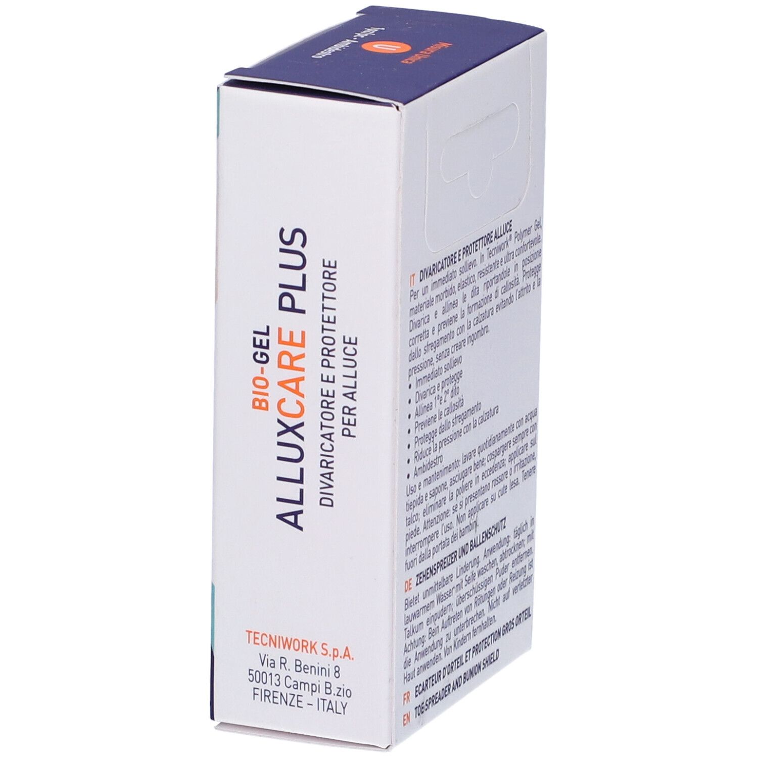 Confezione angolata. Scritta: BIO-GEL ALLUXCARE PLUS, Divaricatore e Protettore per Alluce. Marchio TecniWork.
