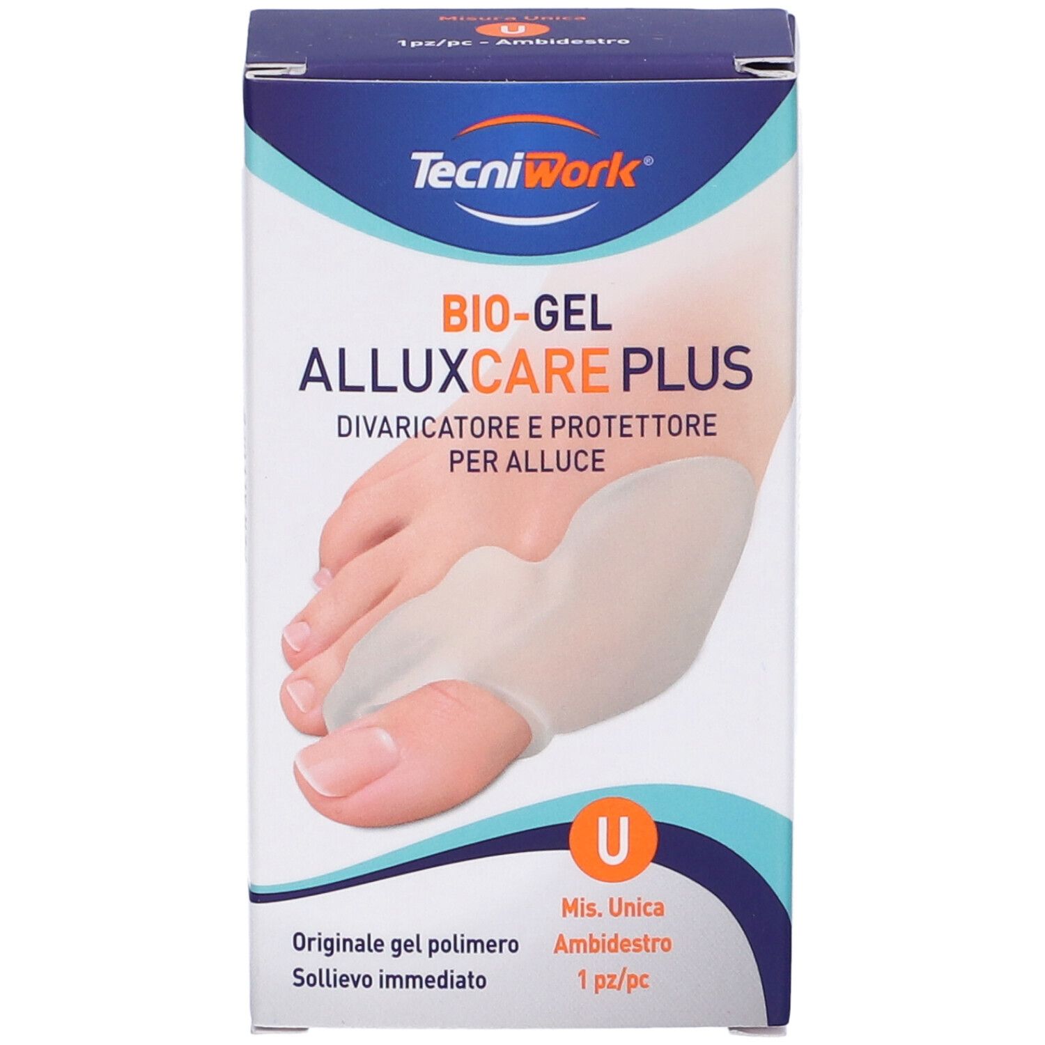 Confezione con immagine del prodotto. Scritta: BIO-GEL ALLUXCARE PLUS, Divaricatore e Protettore per Alluce. Taglia U, 1 pezzo.