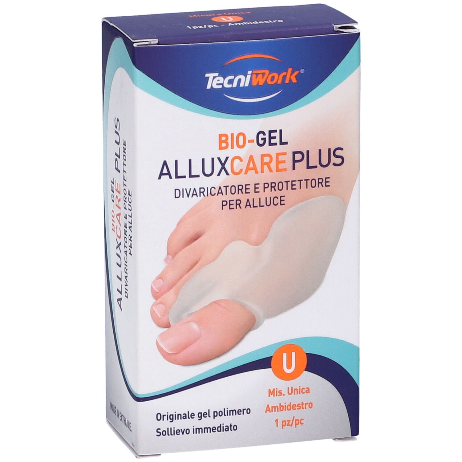 Confezione con immagine del prodotto. Scritta: BIO-GEL ALLUXCARE PLUS, Divaricatore e Protettore per Alluce. Taglia U, 1 pezzo.