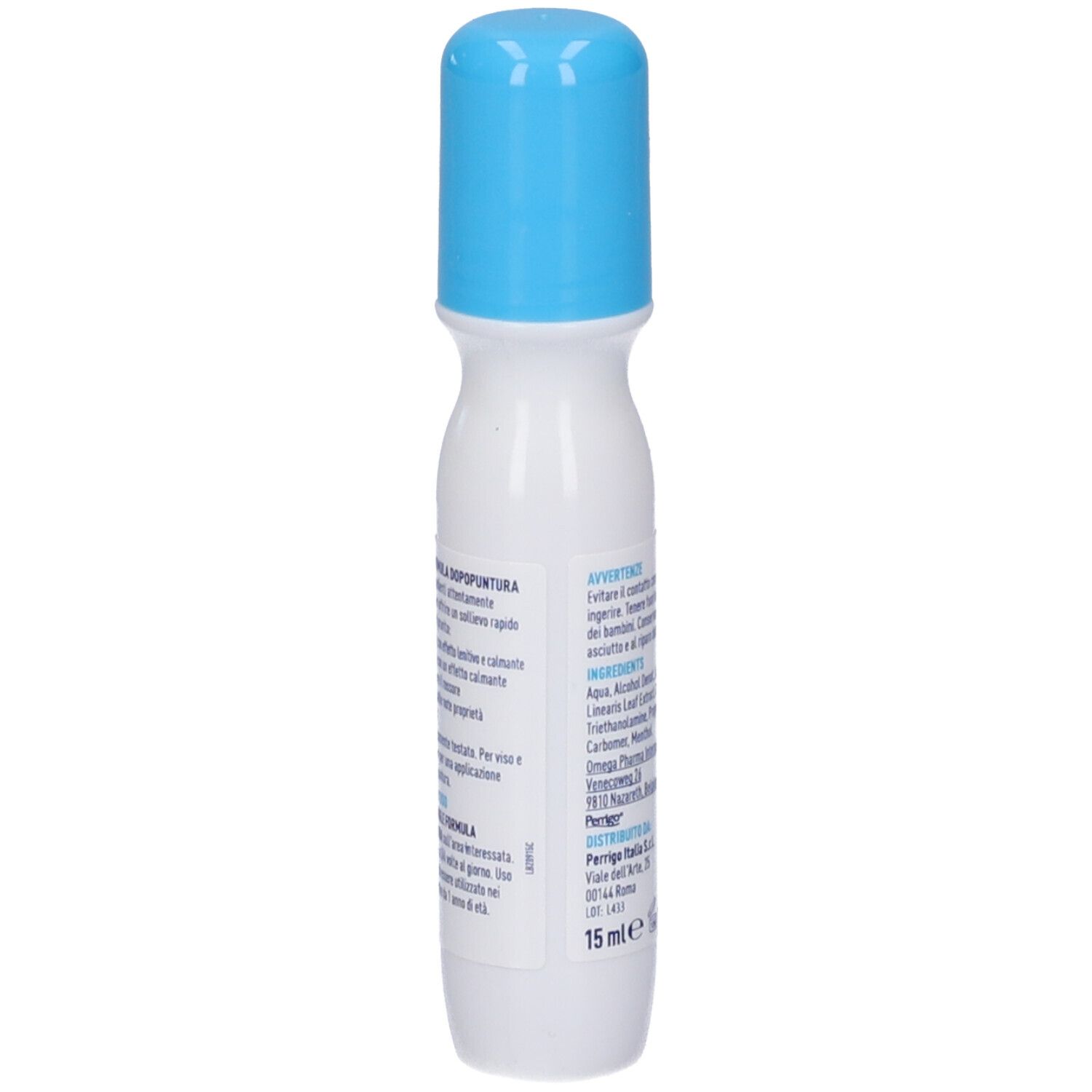 Weißer Roll-on-Applikator mit blauem Verschluss und Aufschrift 'Jungle Formula Dopo Puntura'.