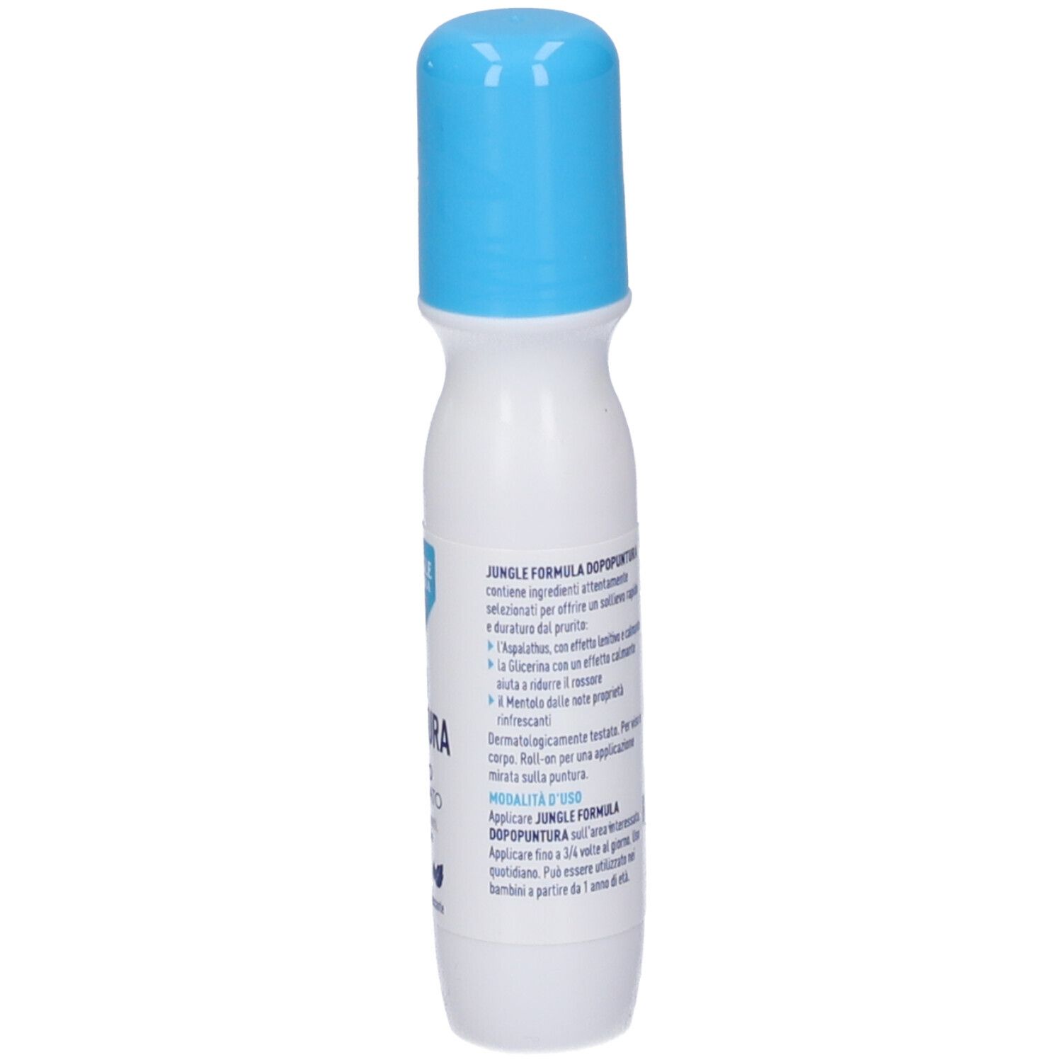 Weißer Roll-on-Applikator mit blauem Verschluss, für Insektenstiche.