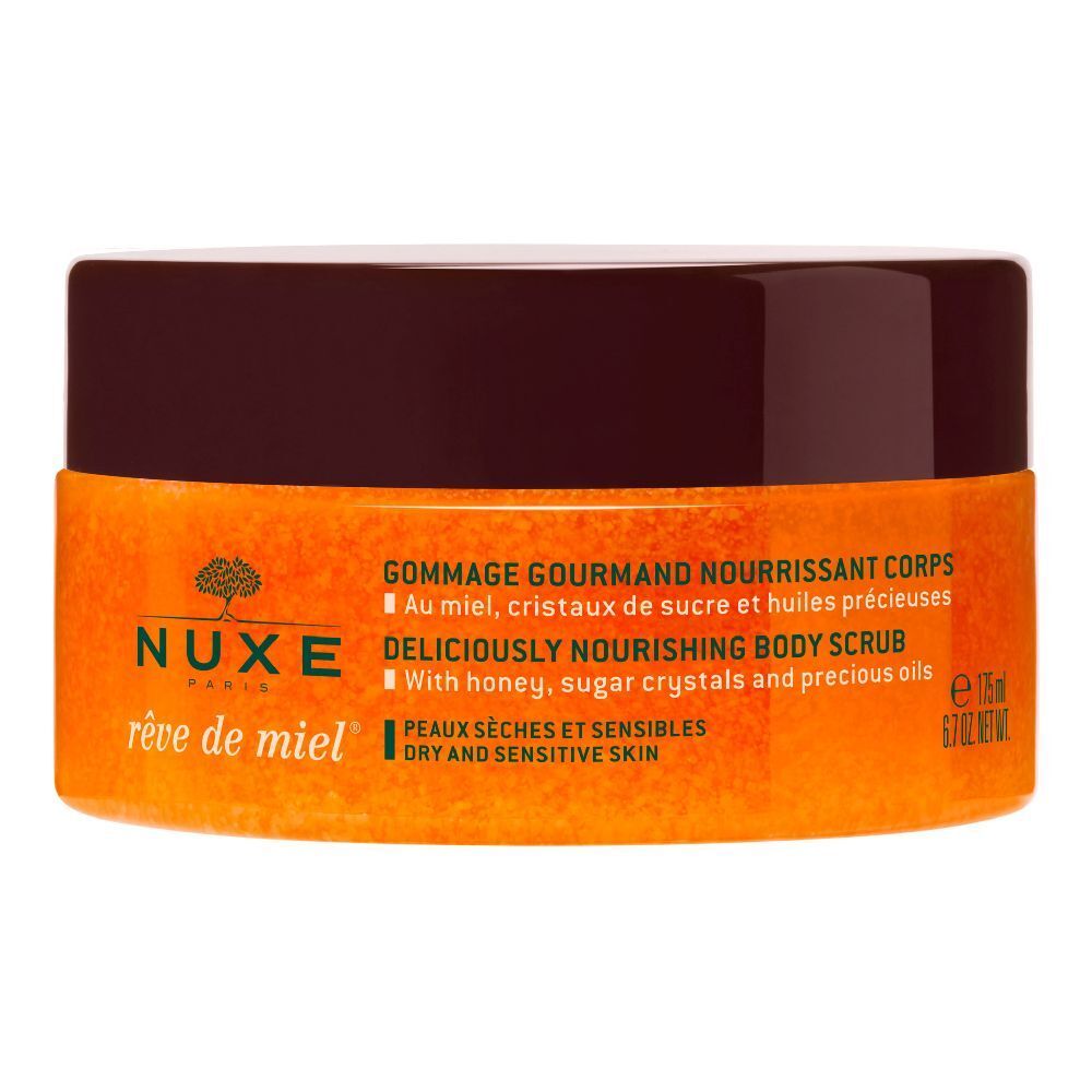 NUXE Rêve de Miel® Scrub Corpo. Vasetto arancione con coperchio marrone. Testo: Gommage Gourmand Nourrissant Corps.