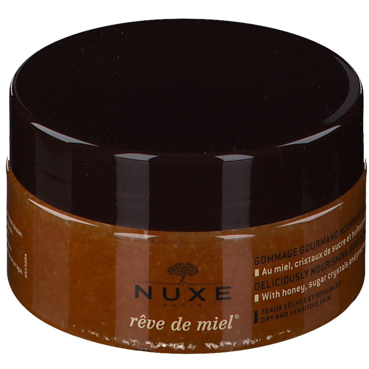 NUXE Rêve de Miel® Scrub Corpo. Vasetto chiuso con coperchio marrone. Testo: Gommage Gourmand Nourrissant Corps.