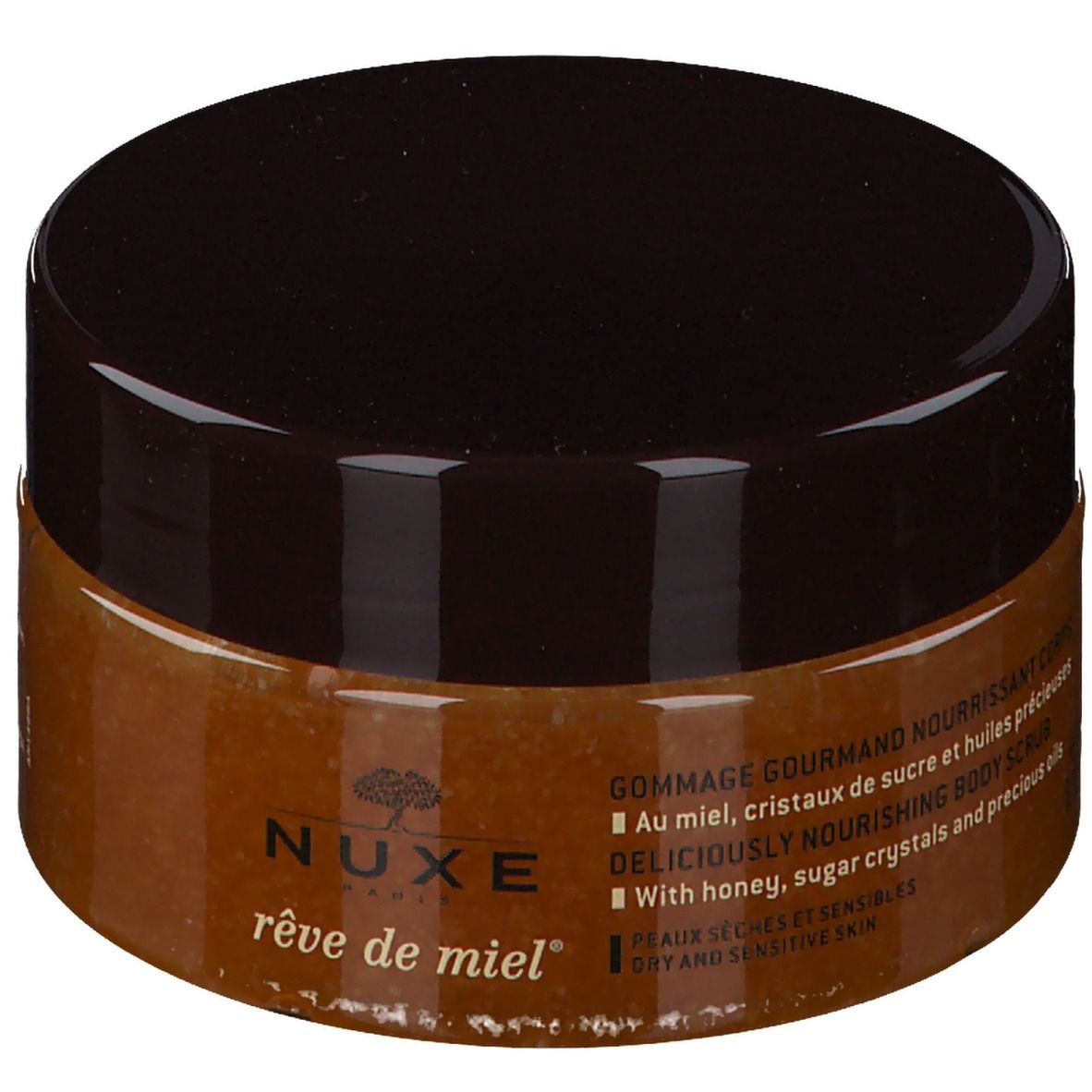 NUXE Rêve de Miel® Scrub Corpo. Vasetto chiuso con coperchio marrone. Testo: Gommage Gourmand Nourrissant Corps.