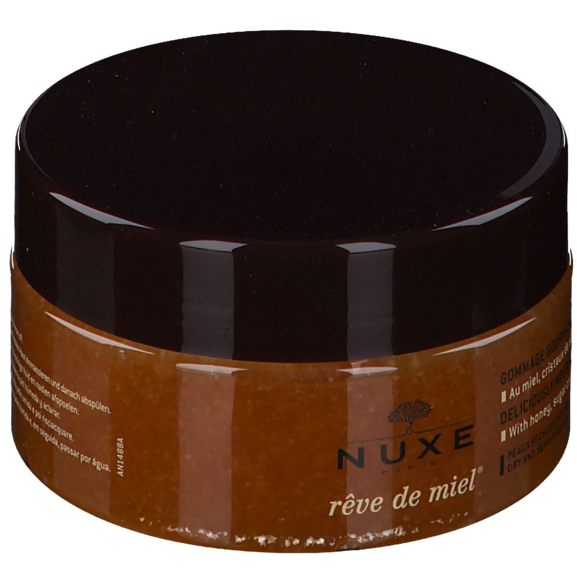 NUXE Rêve de Miel® Scrub Corpo. Vasetto chiuso con coperchio marrone. Testo: Gommage Gourmand Nourrissant Corps.