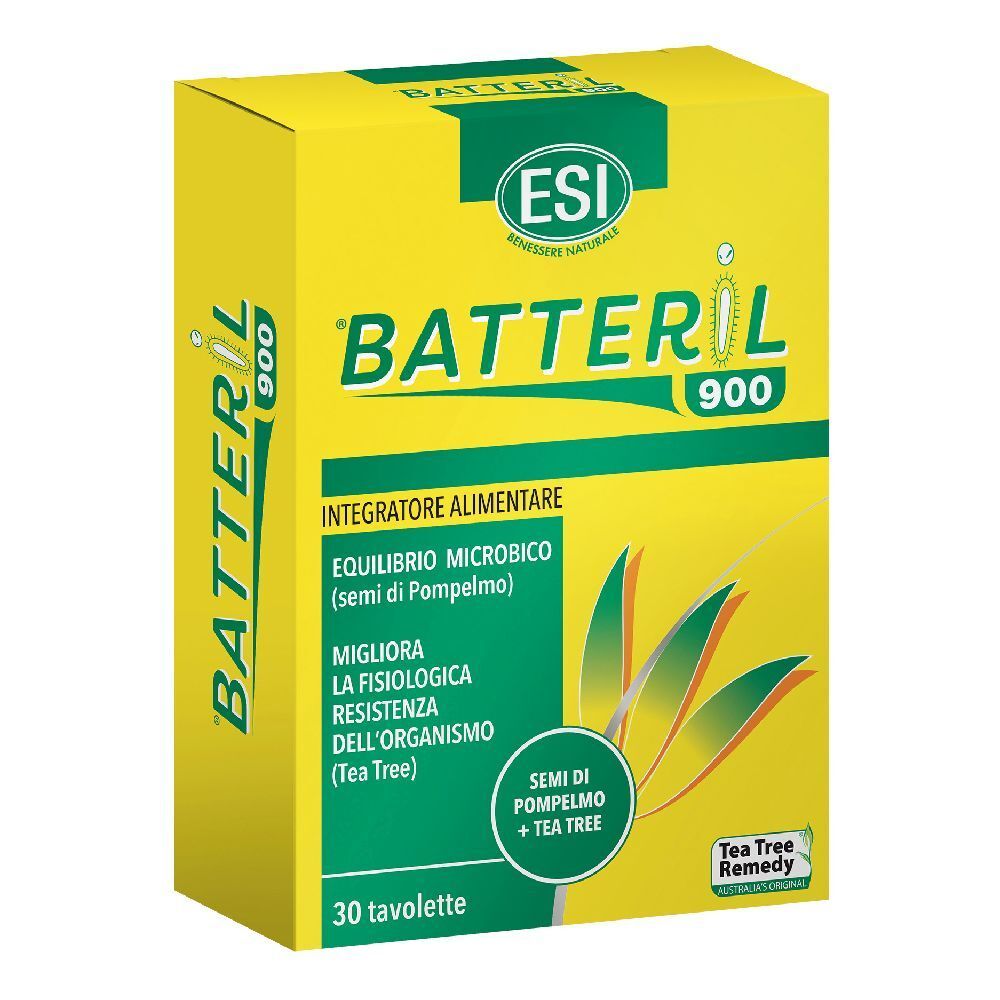 Gelbe Schachtel mit grünem Deckel. Aufschrift: Batteril 900, ESI Logo. 30 Tabletten. Text in Italienisch.