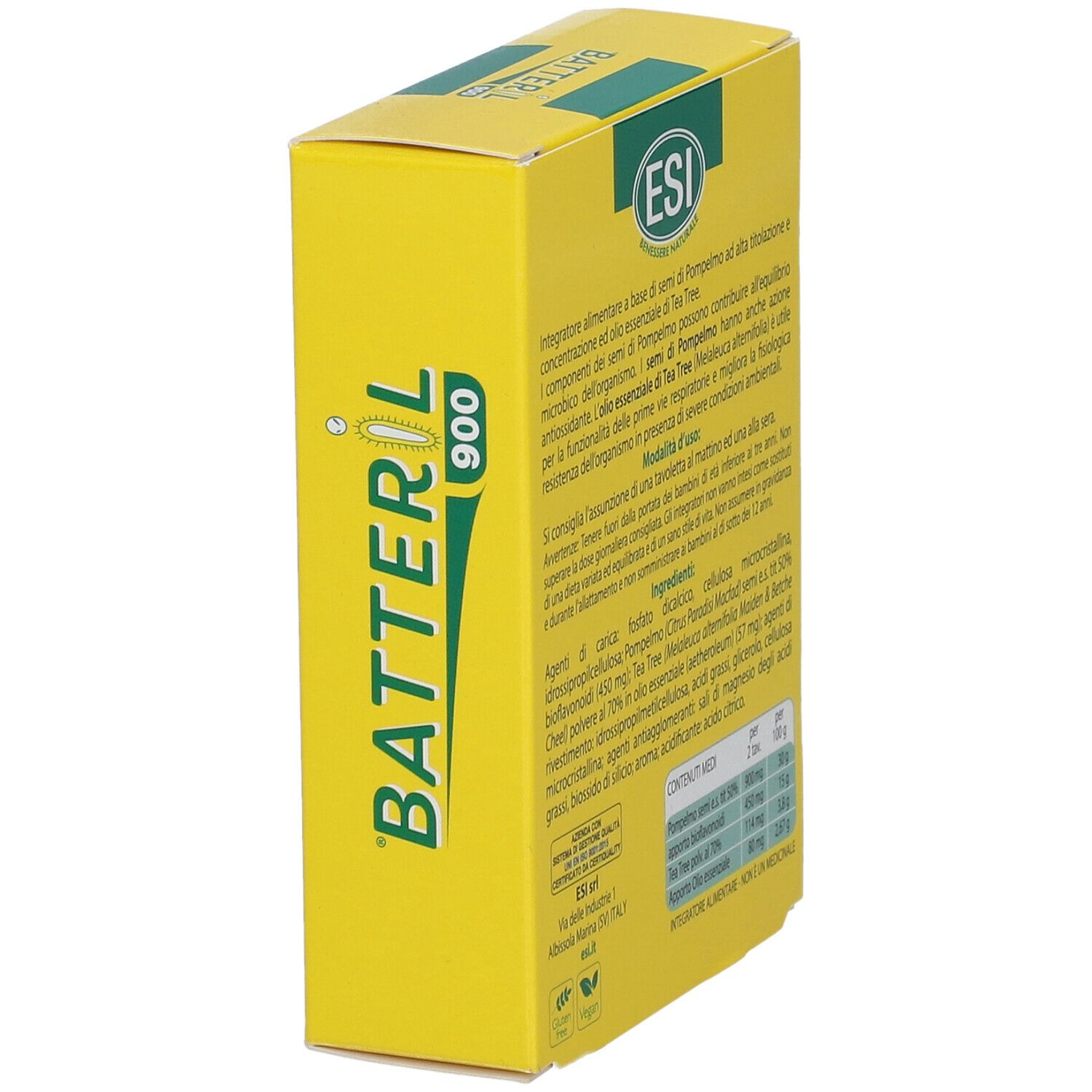 Gelbe Schachtel mit grünem Deckel. Aufschrift: Batteril 900, ESI Logo. Text in Italienisch. Rückseite mit Text.