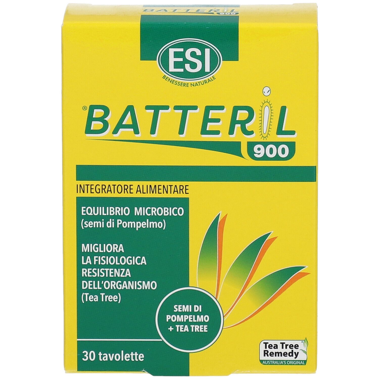 Gelbe Schachtel mit grünem Deckel. Aufschrift: Batteril 900, ESI Logo. 30 Tabletten. Text in Italienisch.
