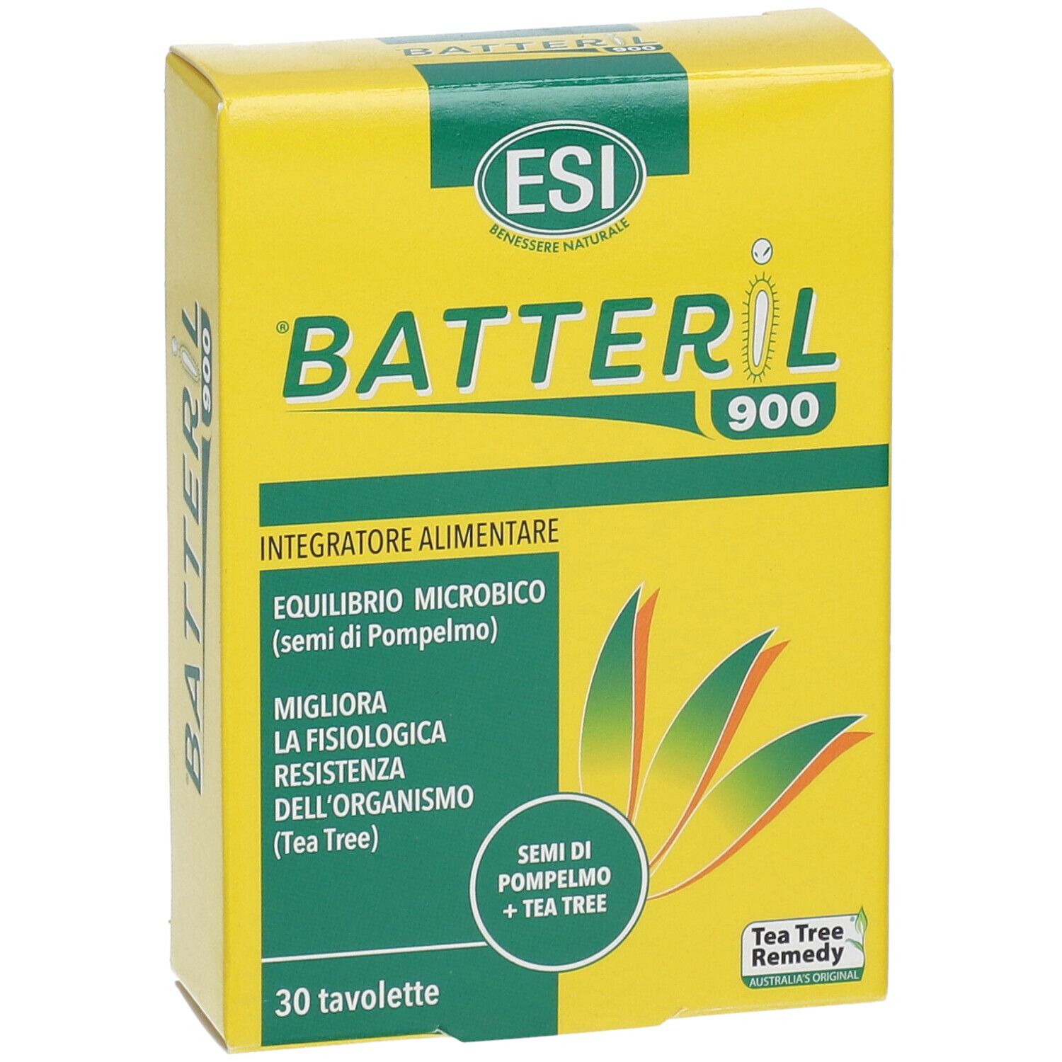 Gelbe Schachtel mit grünem Deckel. Aufschrift: Batteril 900, ESI Logo. 30 Tabletten. Text in Italienisch.