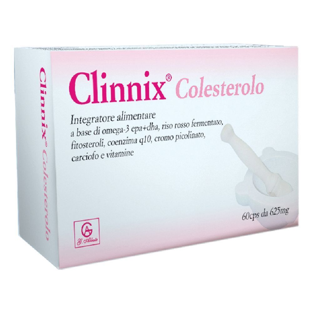 Scatola Clinnix Colesterolo. Rosa e bianca, nome del prodotto e ingredienti. Contiene 60 capsule.