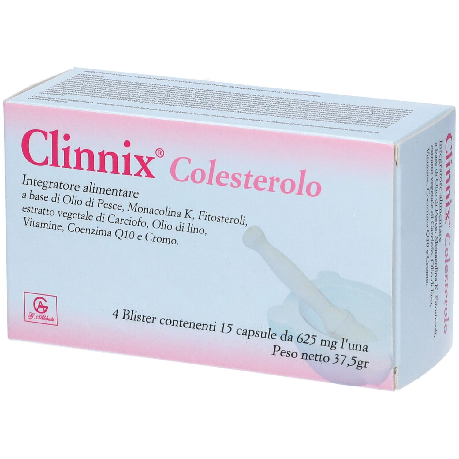 Scatola Clinnix Colesterolo. Bianca, nome del prodotto e ingredienti. Contiene 4 blister da 15 capsule.