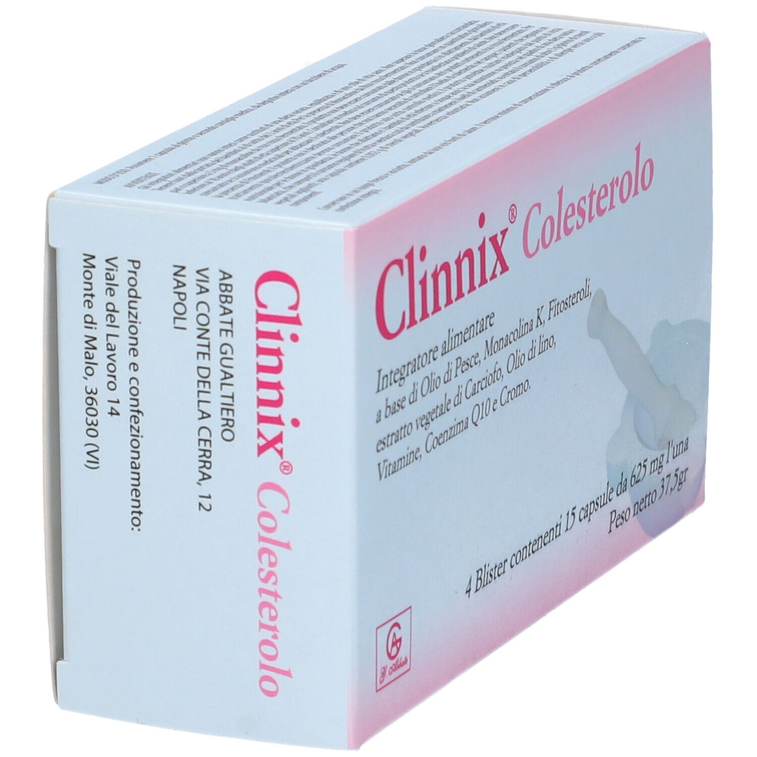 Scatola Clinnix Colesterolo. Bianca, nome del prodotto e ingredienti. Vista laterale con testo.