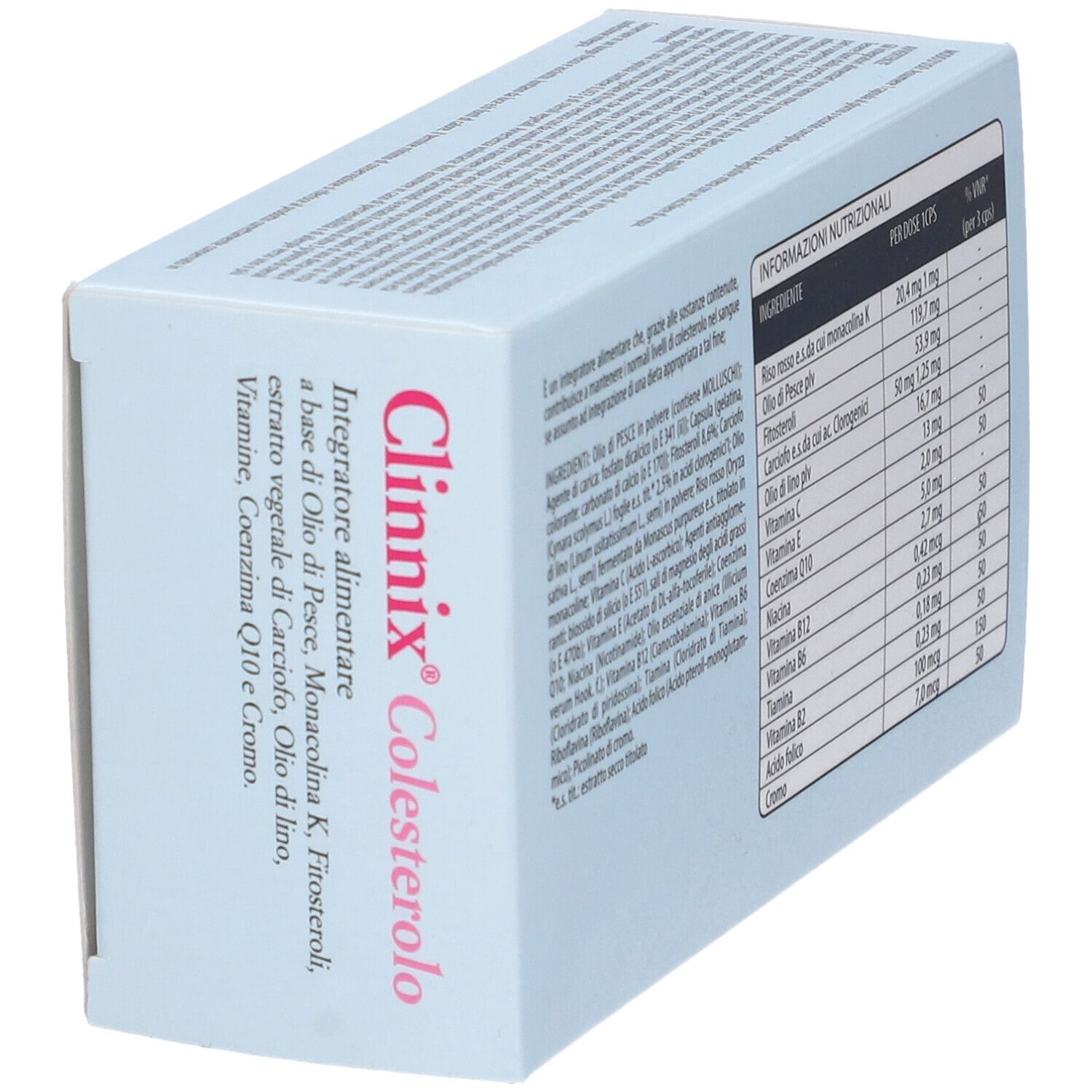 Scatola Clinnix Colesterolo. Bianca, nome del prodotto e ingredienti. Vista obliqua.