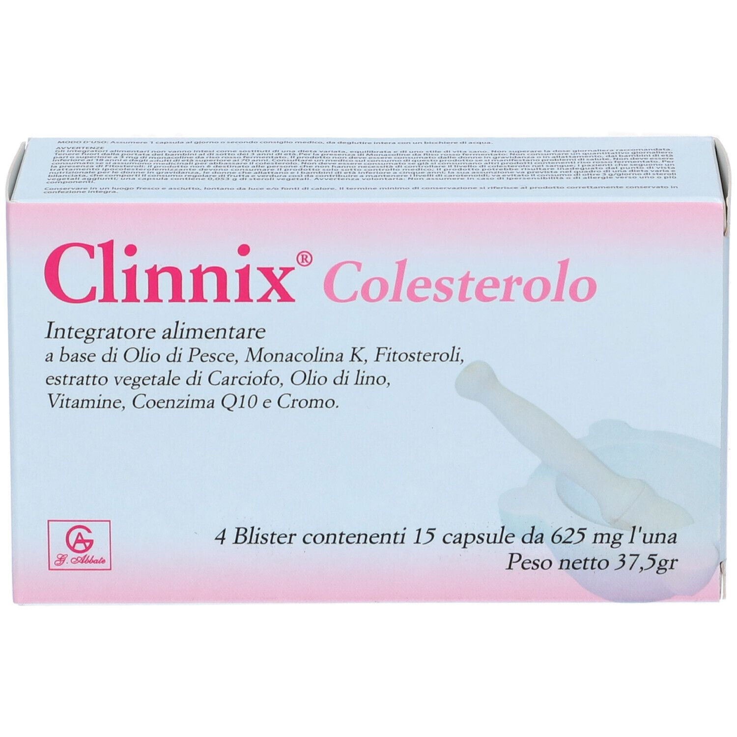 Scatola Clinnix Colesterolo. Bianca, nome del prodotto e ingredienti. Contiene 4 blister.