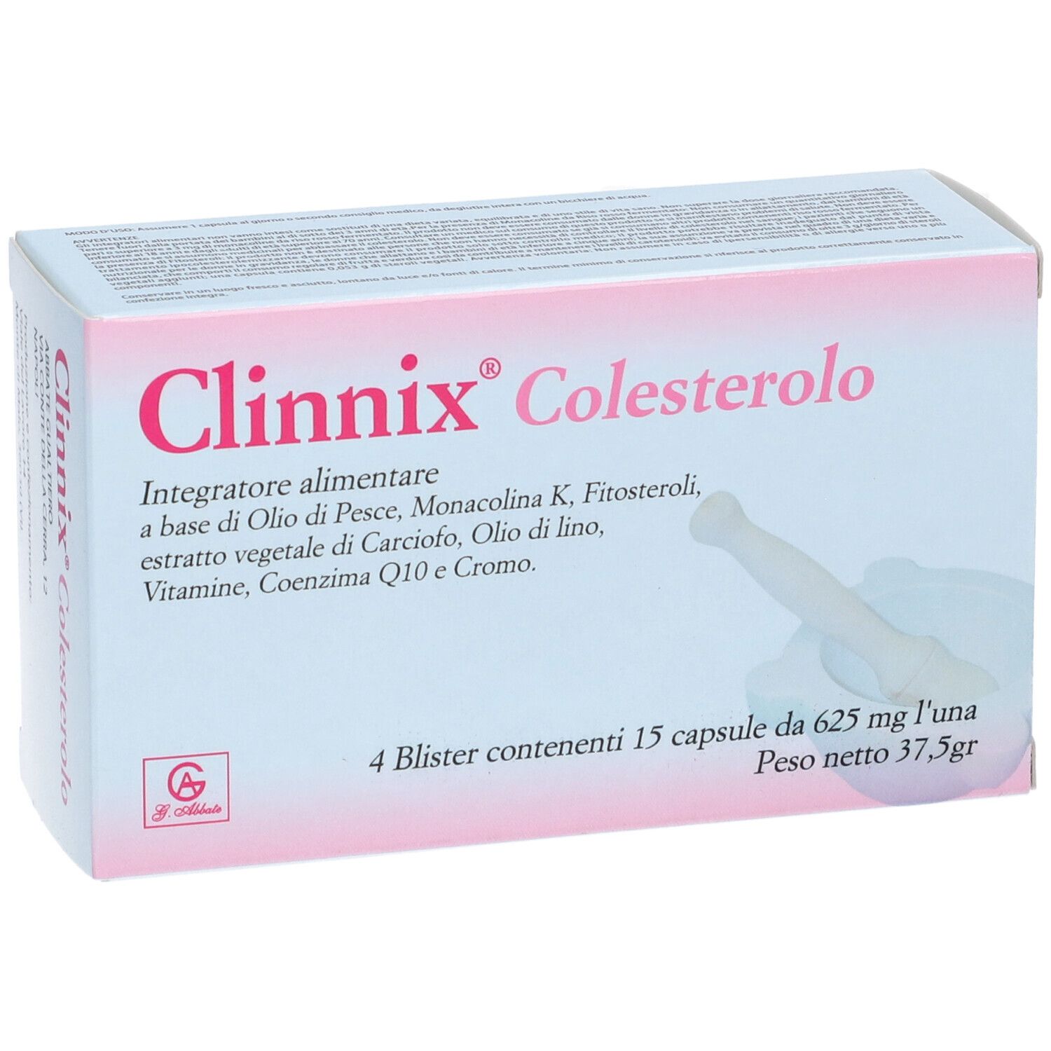 Scatola Clinnix Colesterolo. Bianca, nome del prodotto e ingredienti. Contiene 4 blister.