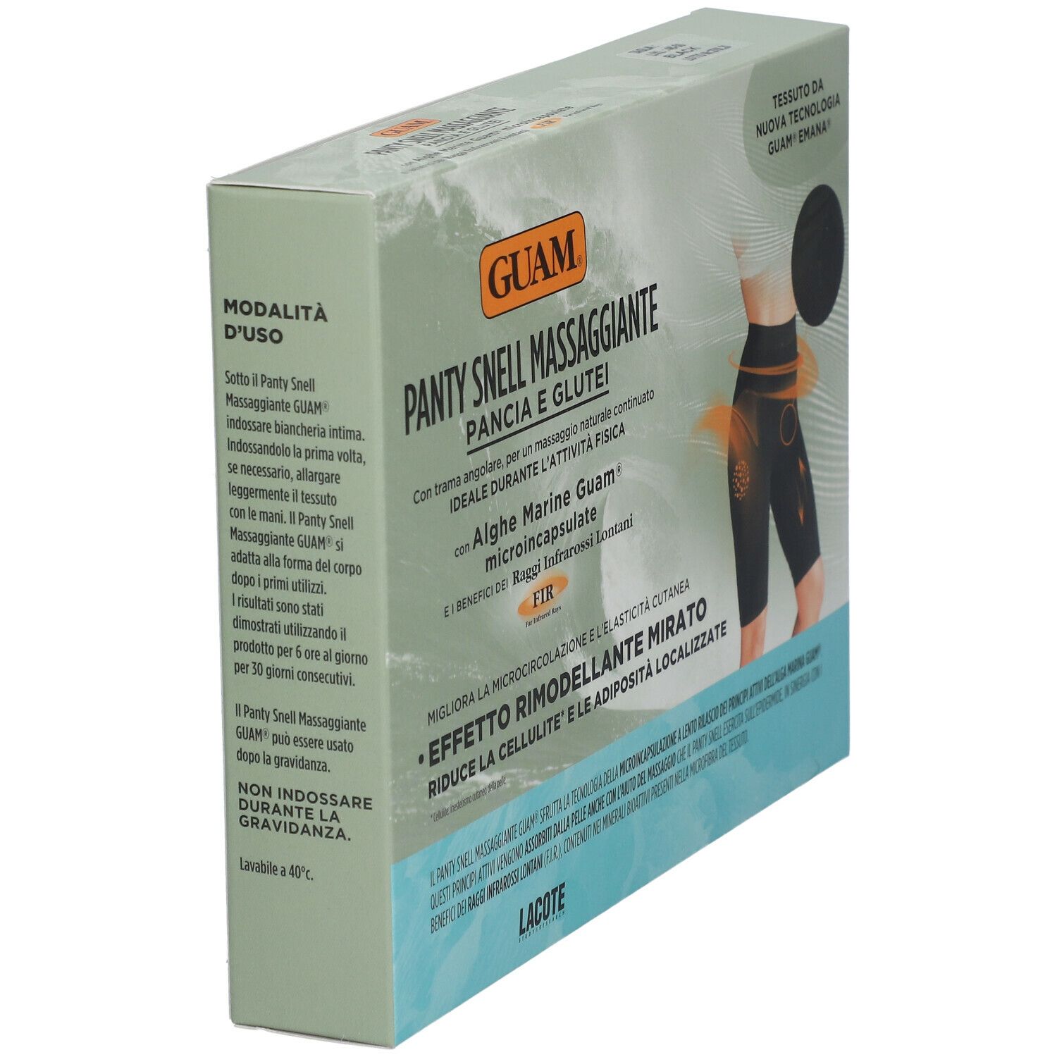 Confezione inclinata GUAM® Panty Snell Massaggiante Pancia e Glutei L/XL nero. Immagine e testo del prodotto.