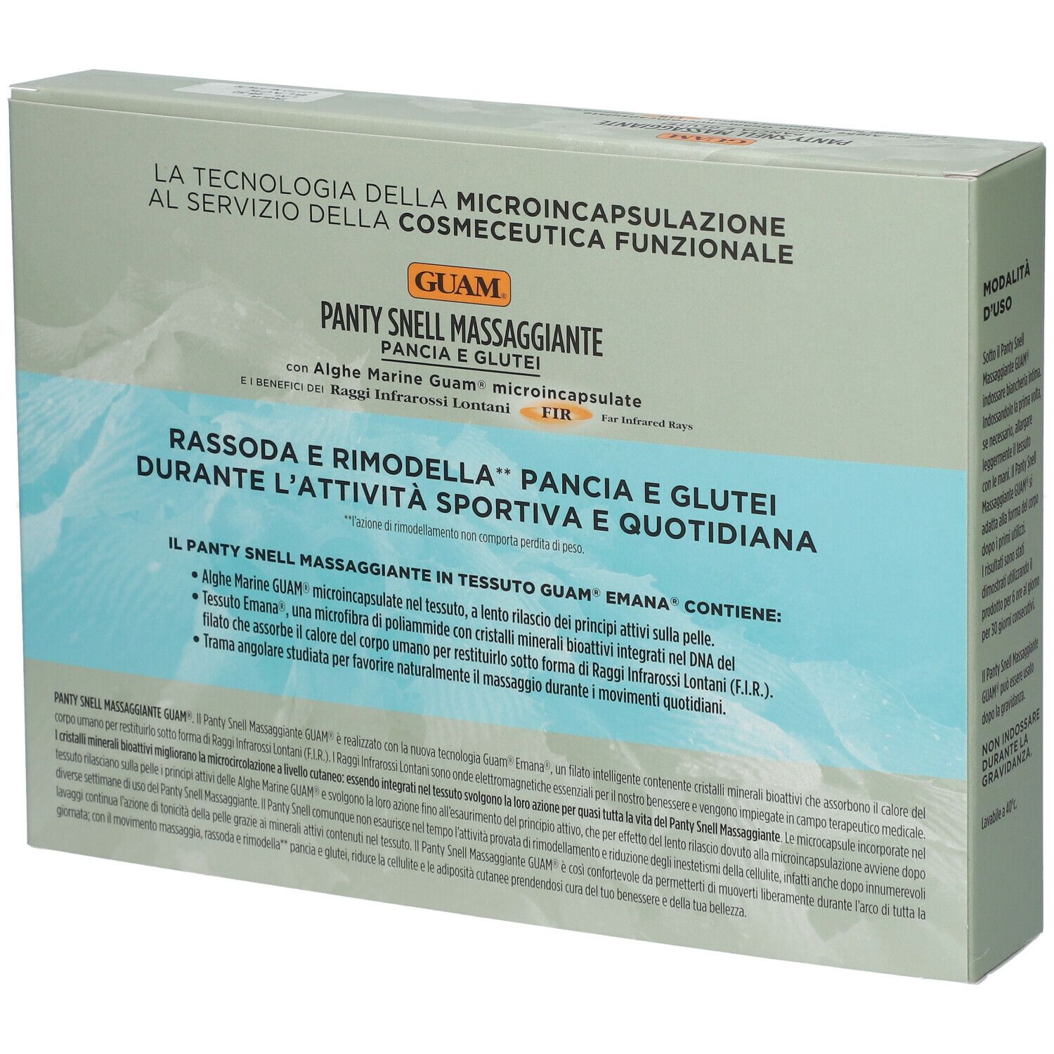 Retro della confezione GUAM® Panty Snell Massaggiante Pancia e Glutei L/XL nero. Testo sul prodotto.