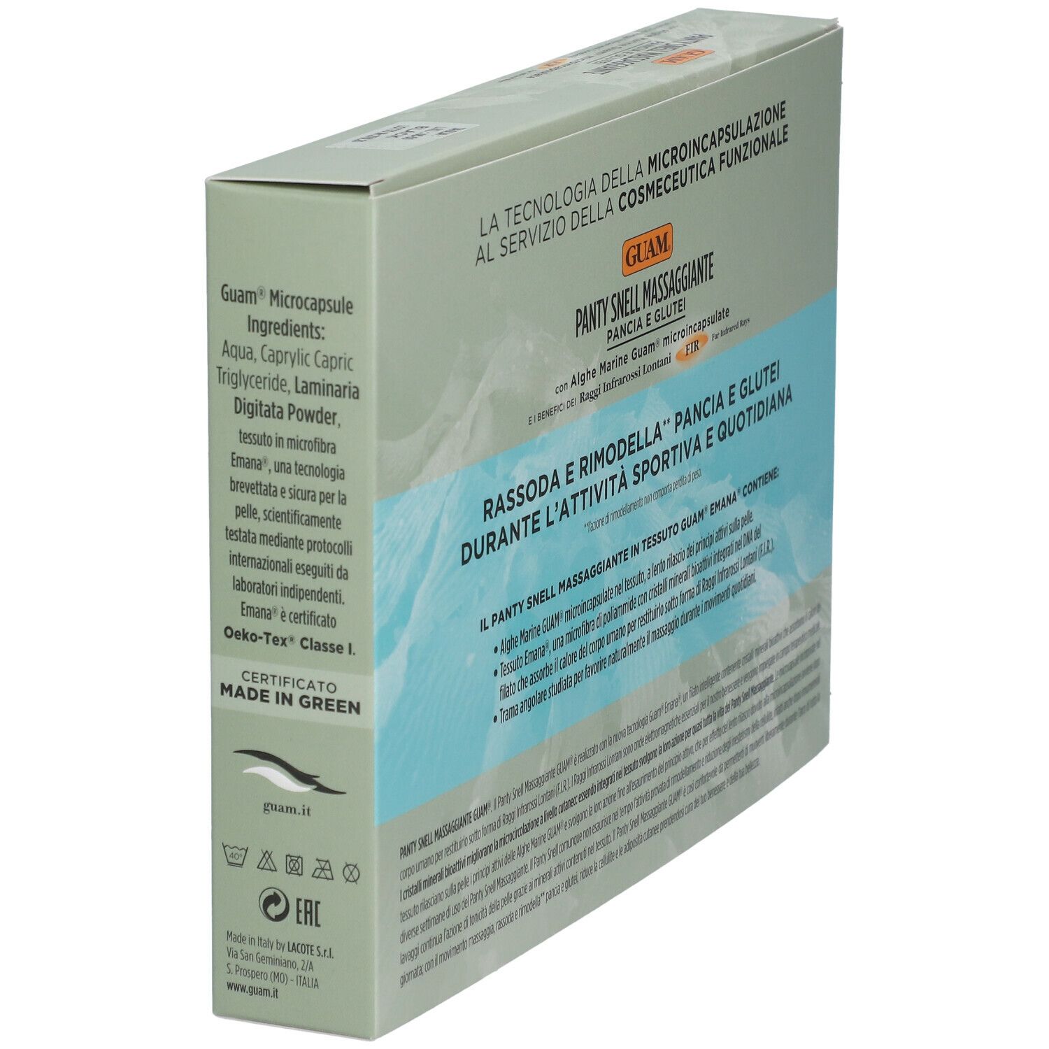 Confezione inclinata GUAM® Panty Snell Massaggiante Pancia e Glutei L/XL nero. Testo e certificazioni.