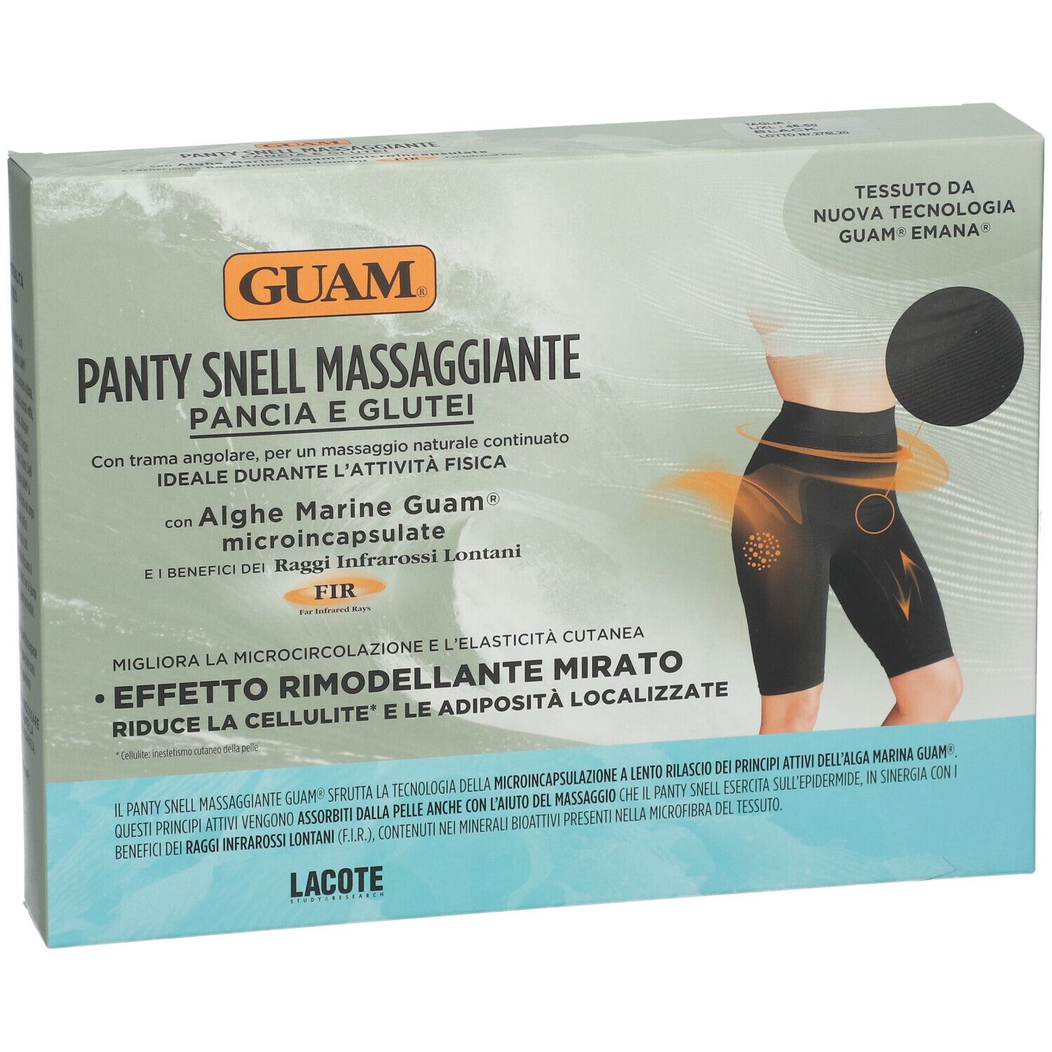 Confezione GUAM® Panty Snell Massaggiante Pancia e Glutei L/XL nero. Immagine e testo del prodotto.