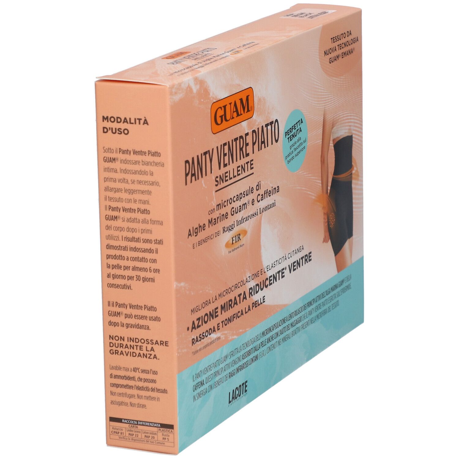 Confezione GUAM® Panty Ventre Piatto Snellente XS/S. Vista laterale con informazioni.