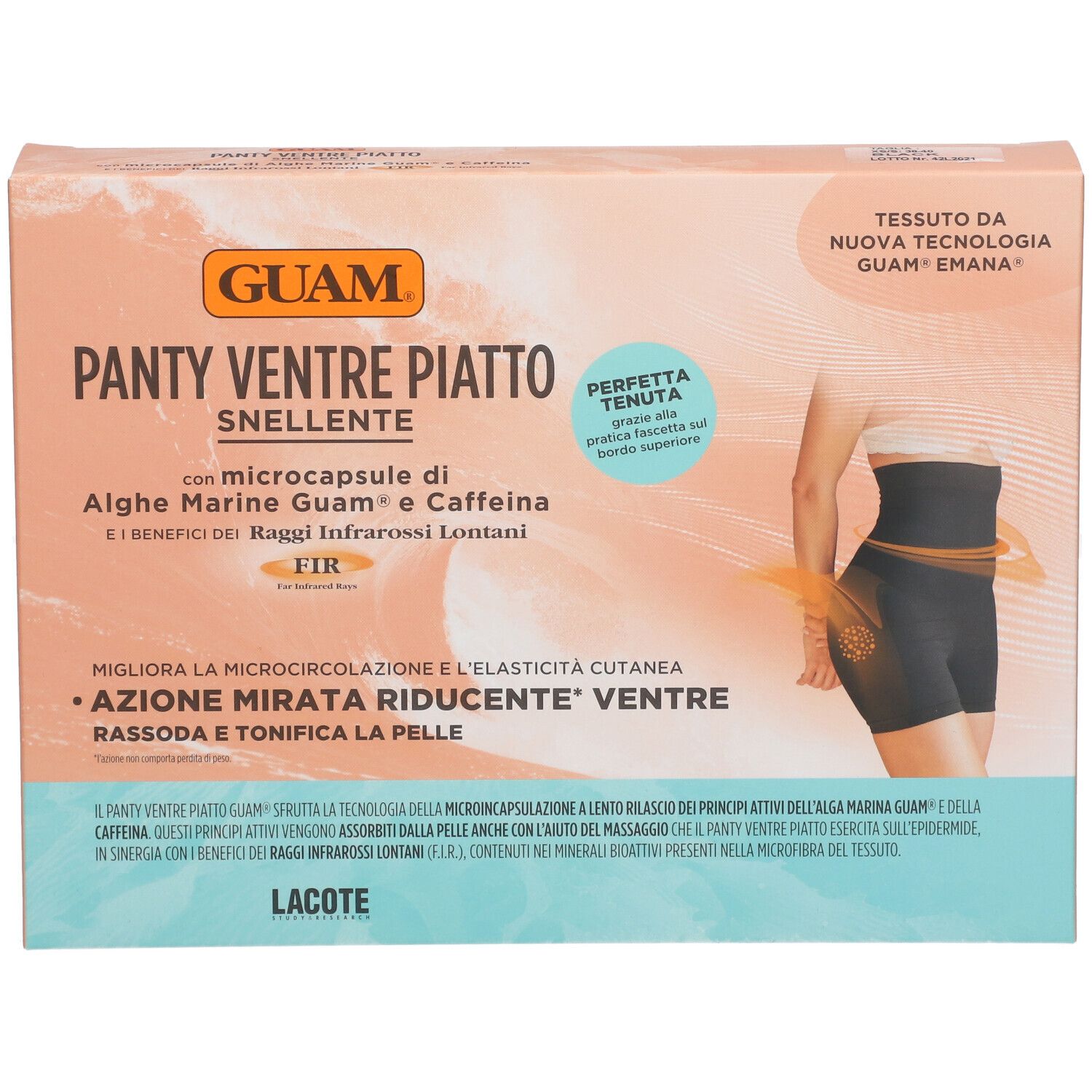 Confezione GUAM® Panty Ventre Piatto Snellente XS/S. Illustrazione del prodotto indossato.
