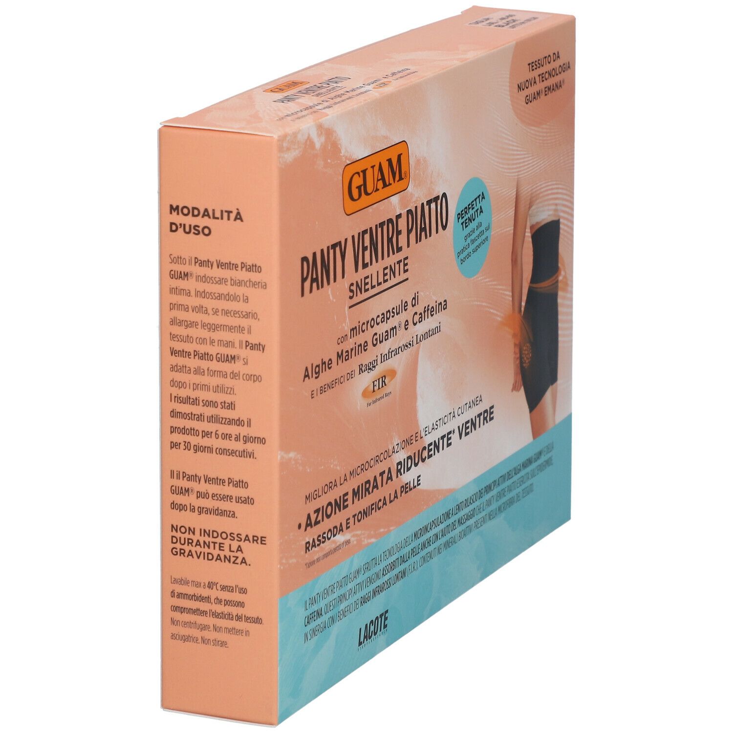 Scatola GUAM® Panty Ventre Piatto Snellente L-XL. Vista del prodotto. Testo: GUAM®, Panty Ventre Piatto Snellente. Istruzioni per l'uso.