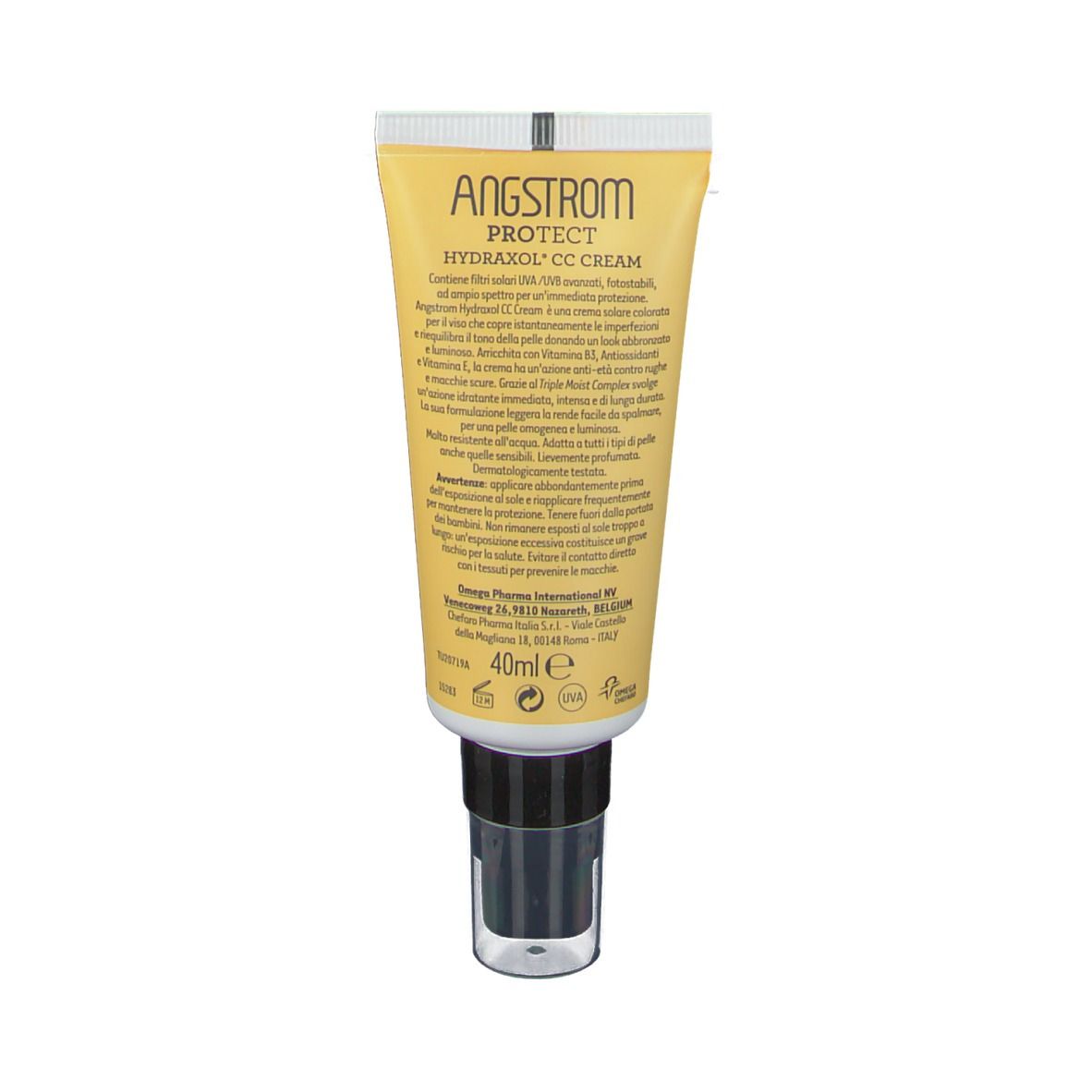 Retro di un tubo giallo. Testo in italiano. Scritta: ANGSTROM PROTECT, HYDRAXOL CC CREAM, 40ml.