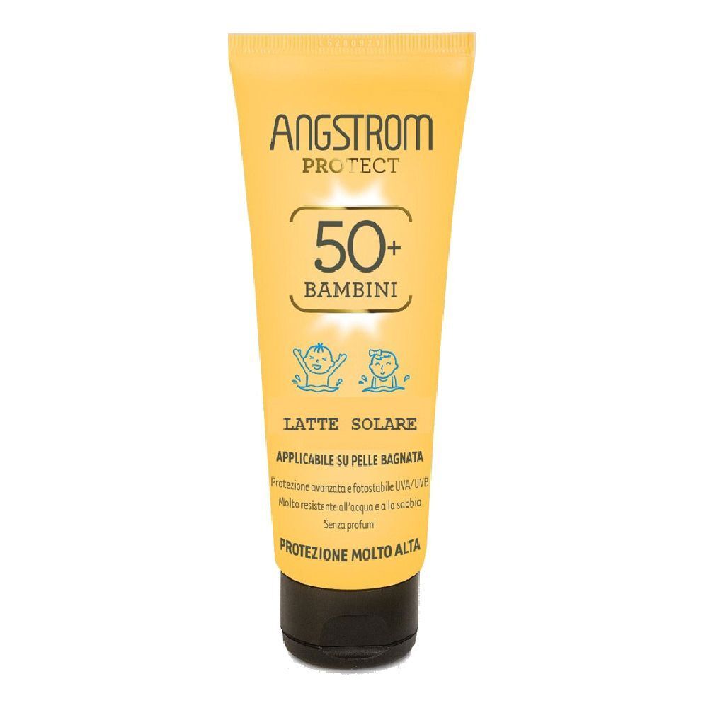 Tubo giallo con scritta ANGSTROM PROTECT 50+ BAMBINI. Contiene latte solare. Con illustrazioni di bambini.