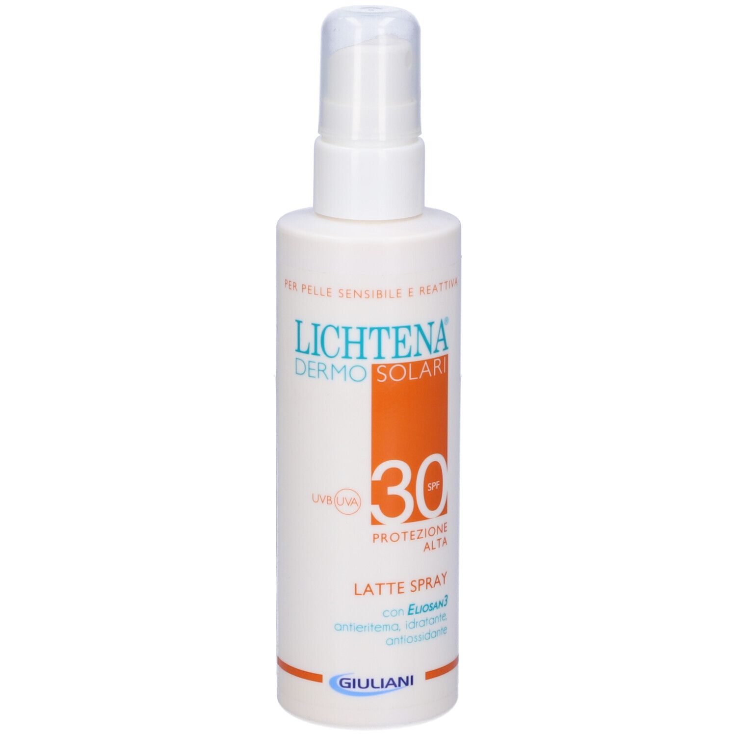 Flacone spray bianco con etichetta Lichtena Dermosolar. Dettagli arancioni. SPF 30. Logo Giuliani.